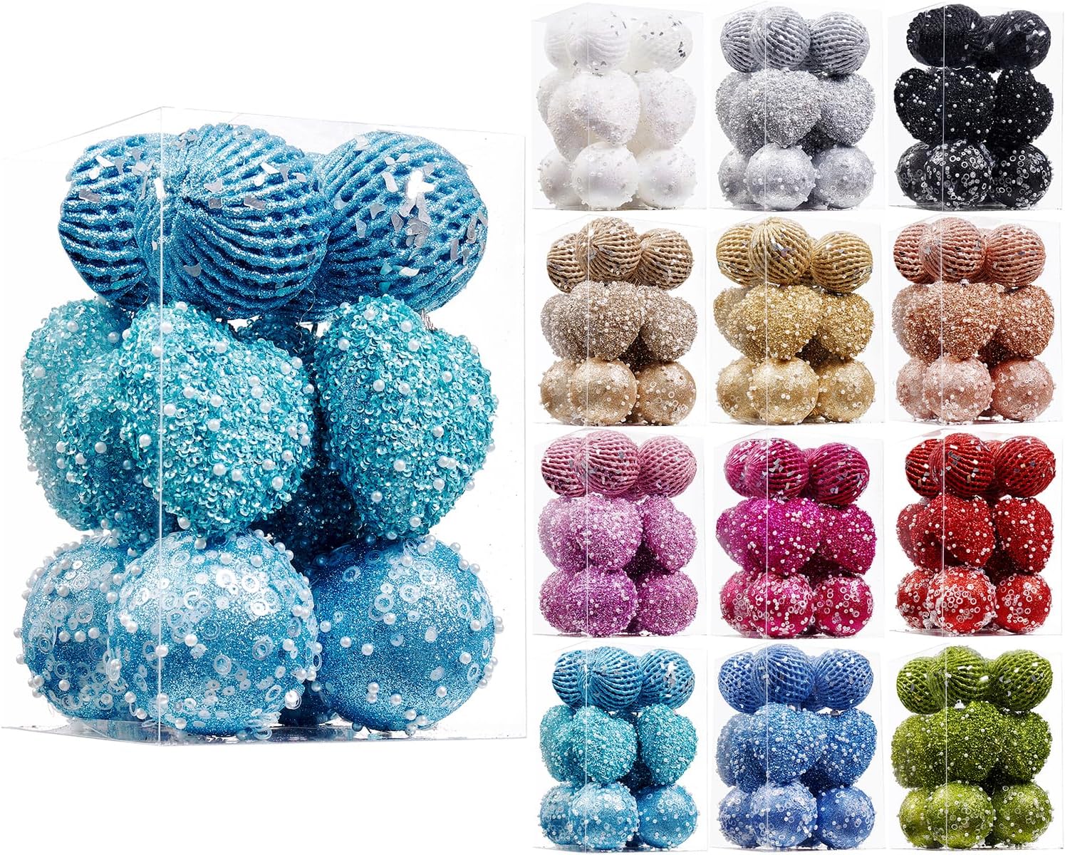 14 adornos de corazón azul bebé y adornos de bolas de Navidad, decoraciones de bolas de Navidad, bolas de perlas colgantes de plástico inastillables