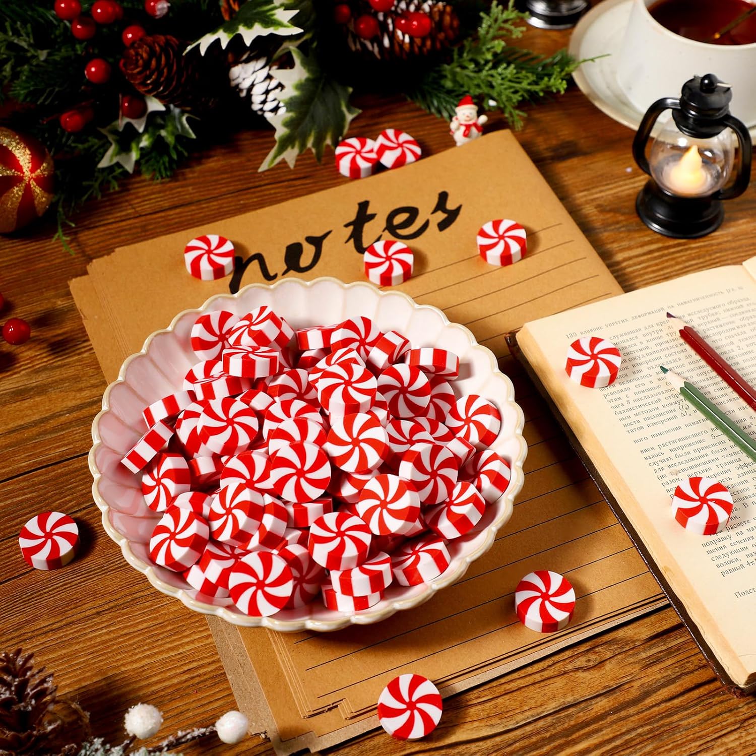100 gomas de borrar de caramelo de Navidad grandes para niños de la escuela, borradores en forma de caramelo blanco y rojo, a granel para premios de