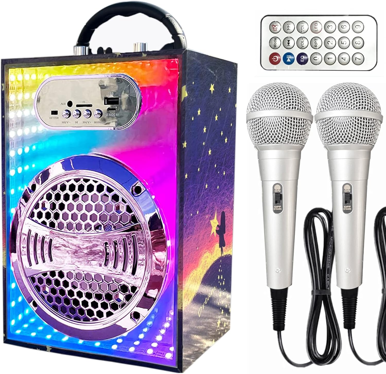 KaraMuizi Bluetooth Karaoke Machine for Kids and Adult, Mirror Surface Wooden Wireless Singing Speaker with 2 Microphones Dancing Light for Party