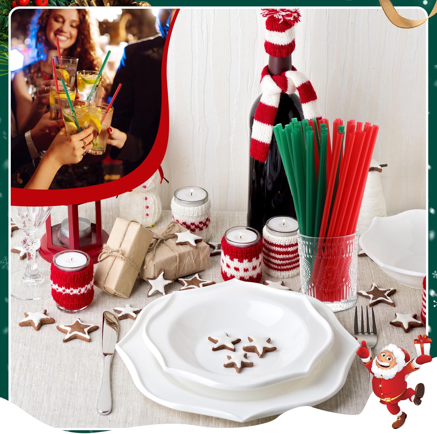 Zhehao 200 popotes de plástico para Navidad, color verde y rojo, pajitas desechables de plástico duro, popotes de plástico reutilizables para
