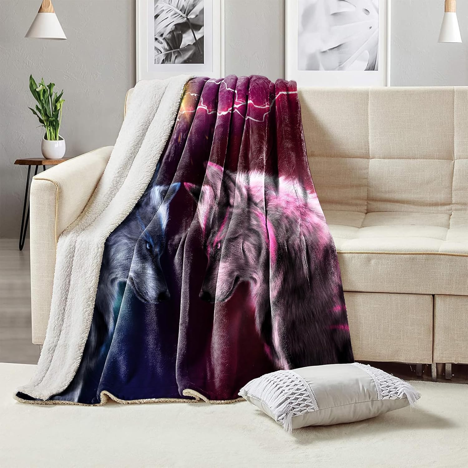 Manta de forro polar de 80 x 60 pulgadas, suave, acogedora y cálida, manta de franela de felpa azul contra rojo, diseño de lobo rayo, para sofá,