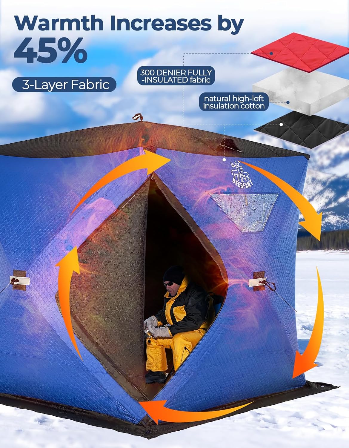 DEERFAMY Refugio de pesca en hielo de 3 capas relleno de algodón, 345678 personas, carpa de pesca en hielo, tienda de campaña aislada con bolsa de