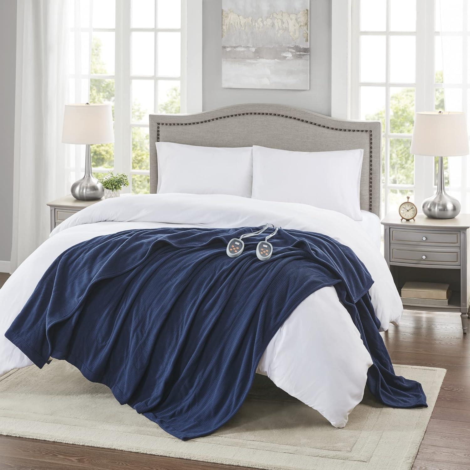Beautyrest Manta eléctrica de microforro polar ultrasuave con textura acanalada, acogedora y cómoda para clima frío, calentamiento rápido, apagado