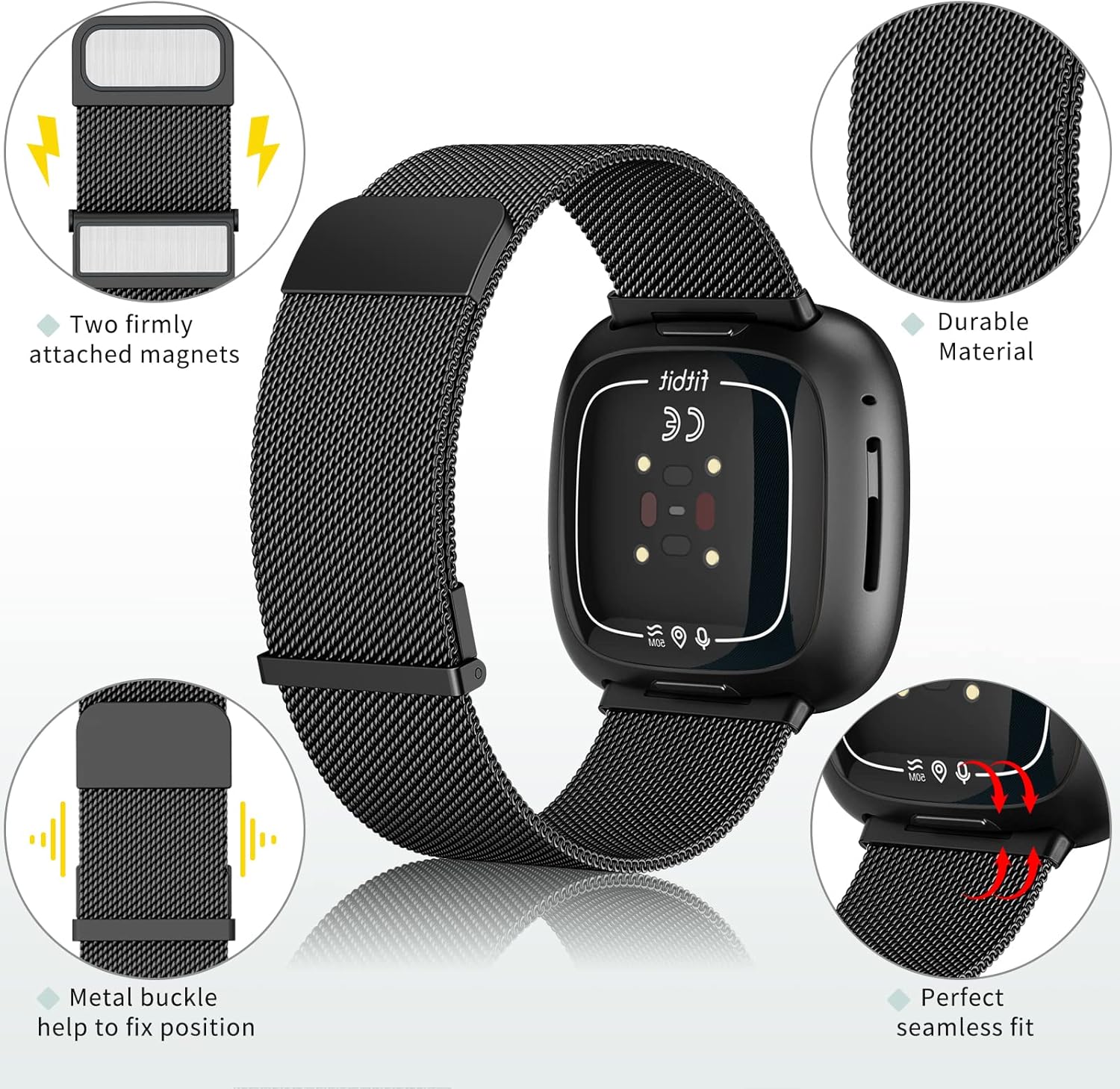 Correa de metal para Fitbit Sense BandsFitbit Versa 3 bandas mujeres hombres, malla de acero inoxidable magnética correa de repuesto para reloj