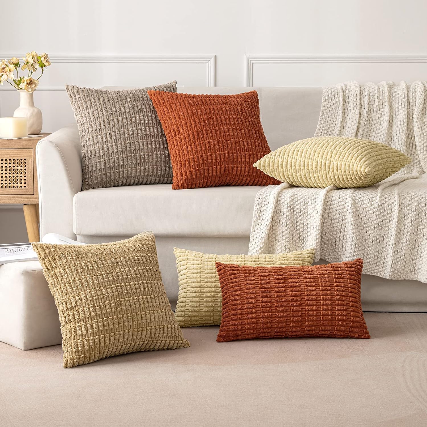 MIULEE Paquete de 2 fundas de almohada decorativas de pana de 16 x 16 pulgadas, fundas de almohada suaves y bohemias a rayas, decoración moderna