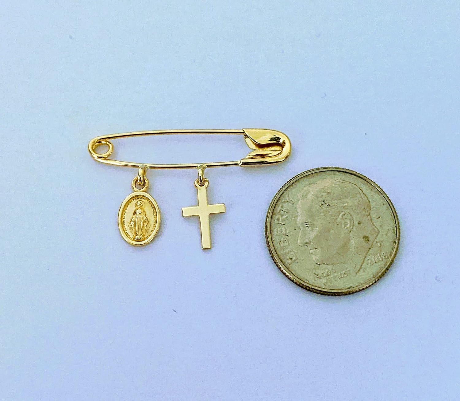 14k Yellow Gold Baby Safety Pin with Cross & Virgin Mary CharmsChristeningBaptismNOT Gold Filled NOT Gold Plated
