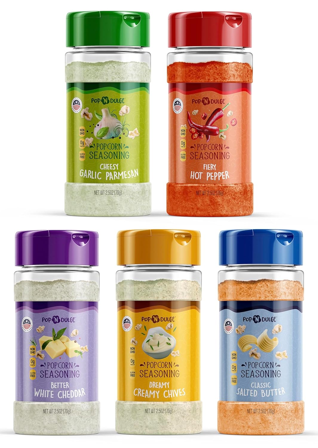 Paquete variado de condimentos de palomitas de maíz, 5 kit de sabor gourmet de 2.5 onzas, sin OMG, sin gluten, suministros esenciales para la noche