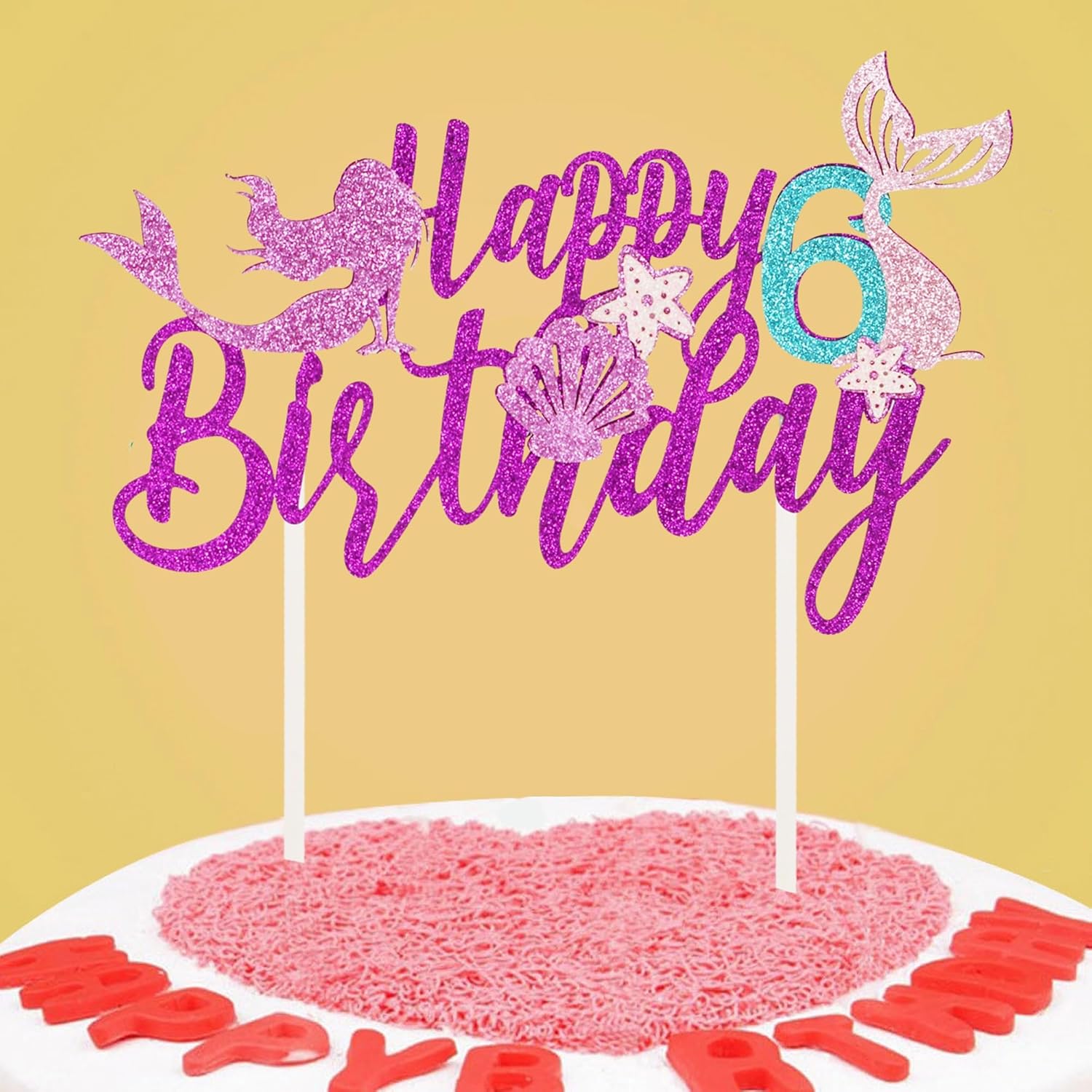 Decoración para pastel de cumpleaños con diseño de sirena de 6 cumpleaños, diseño de estrella de mar y conchas con purpurina, decoraciones para