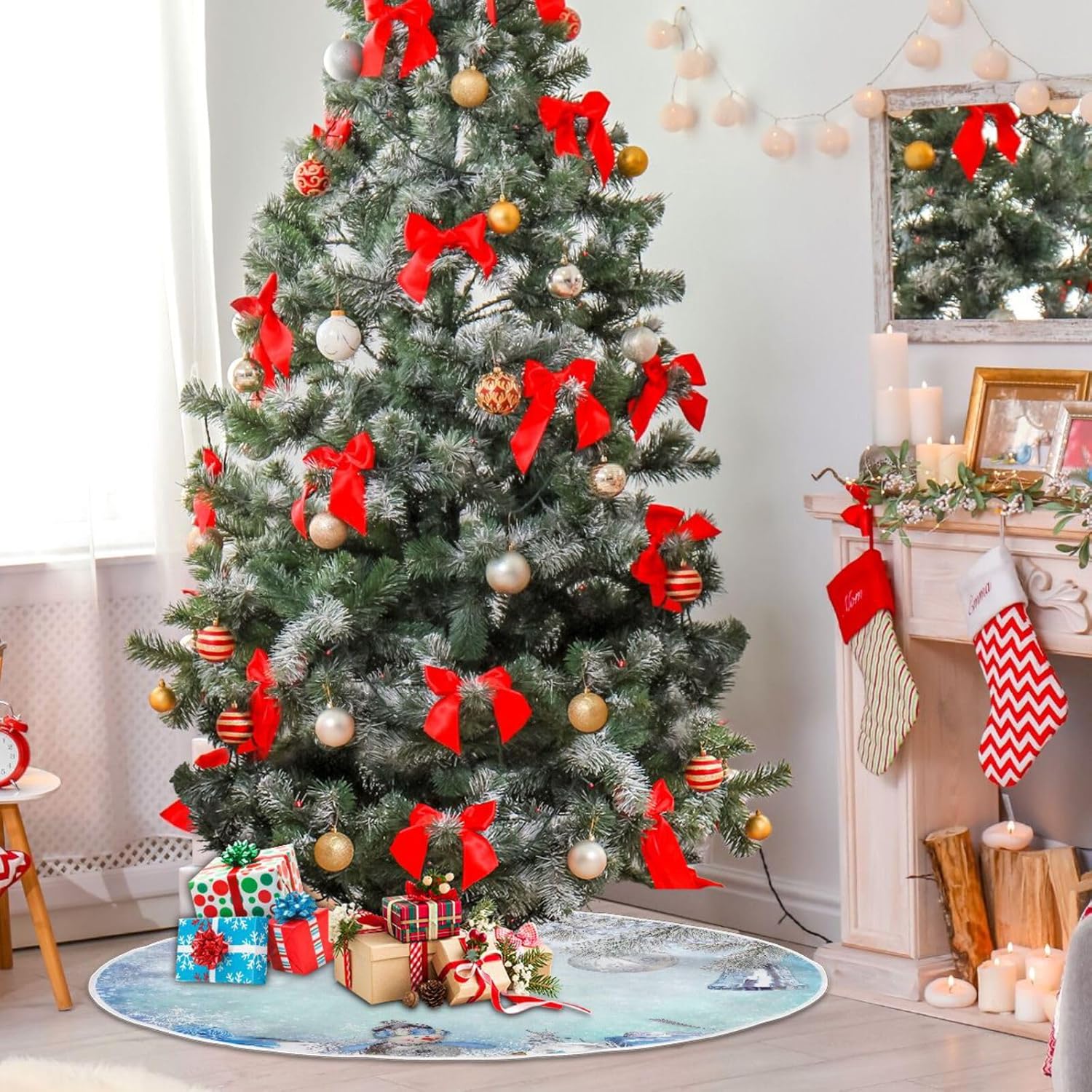 Falda de base de pino de felicitaciones navideñas, decoración navideña, falda de árbol pequeño, falda de árbol para decoración de Navidad