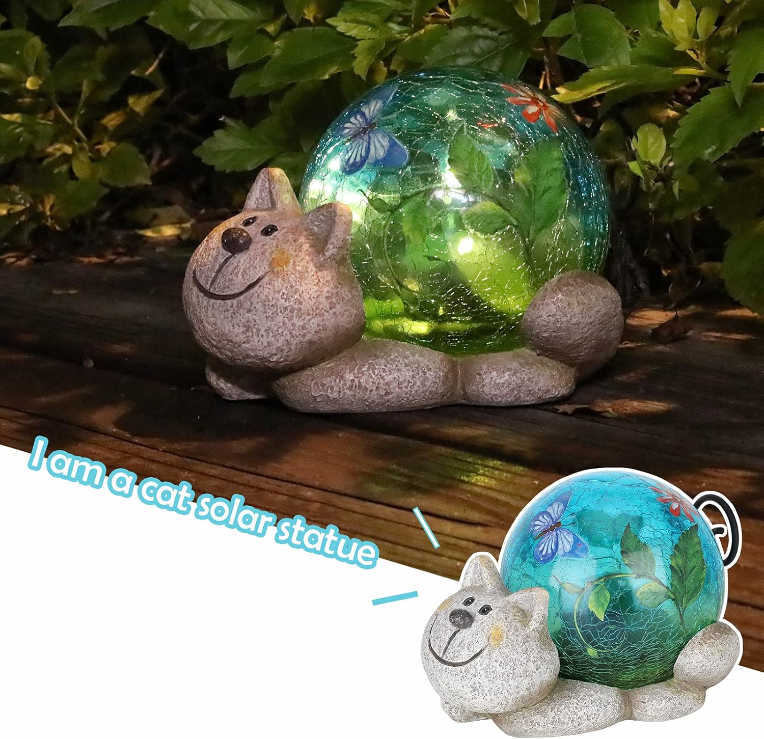 Afirst Estatuas solares de jardín para exteriores, adorno de césped de gato con luces solares de vidrio agrietado, decoración al aire libre para