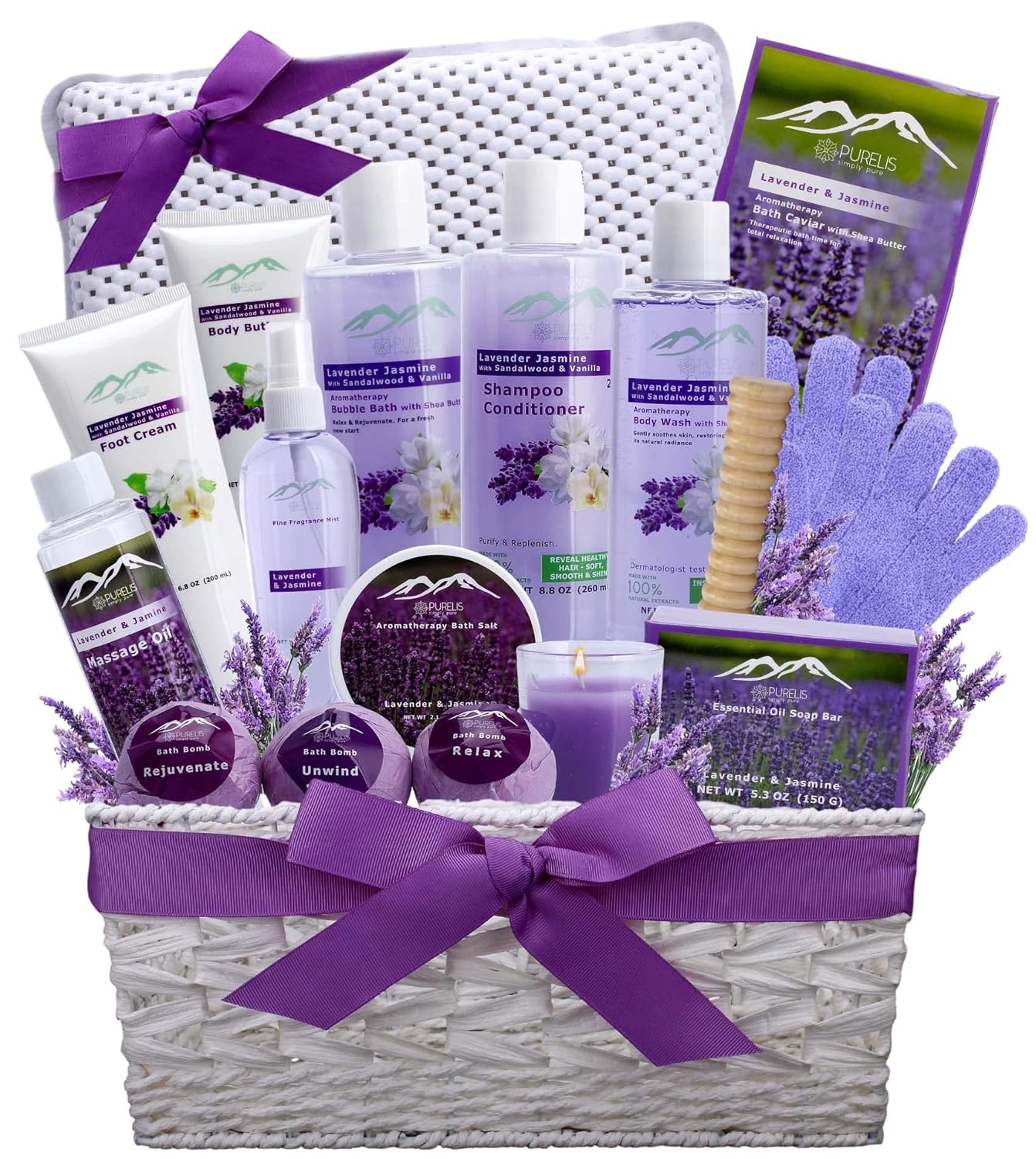 Cestas de regalo para el día de la madre para mamá y esposa. Regalos relajantes de baño de lavanda para su cesta de spa está llena de todos los