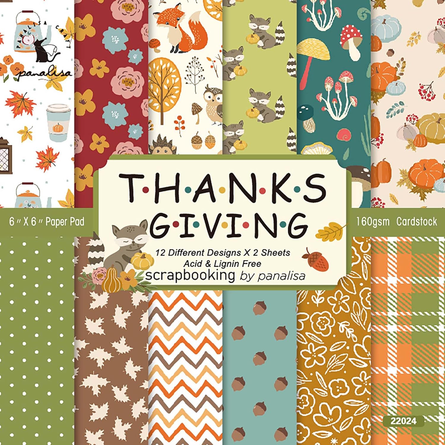 GLKTOPO Bloc de papel para álbum de recortes de 6 x 6 pulgadas, papel decorativo para manualidades con temática de Acción de Gracias, paquete de