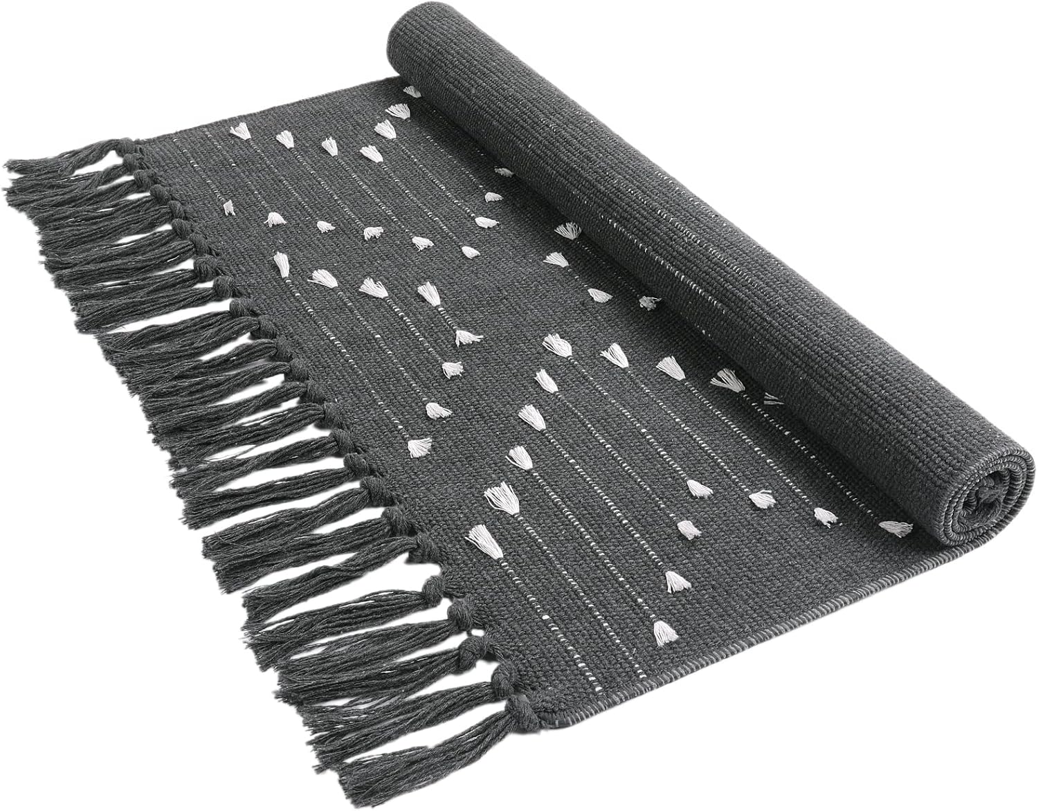 HAOCOO Alfombras de baño grises de 2 x 3 pies, alfombra tejida de algodón pequeña lavable con borlas, alfombra marroquí para puerta delantera,