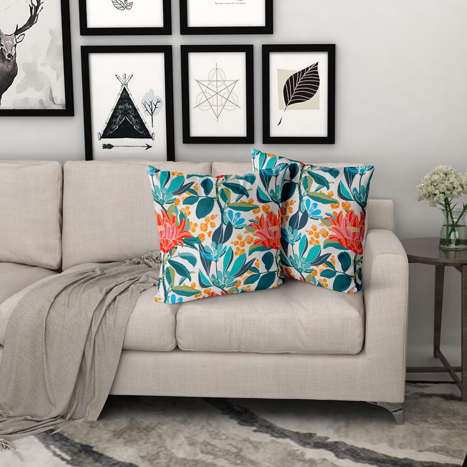 Juego de 2 fundas de almohada de 16 x 16 pulgadas con diseño floral de coral verde turquesa, hojas y flores naranjas, fundas de cojín de algodón