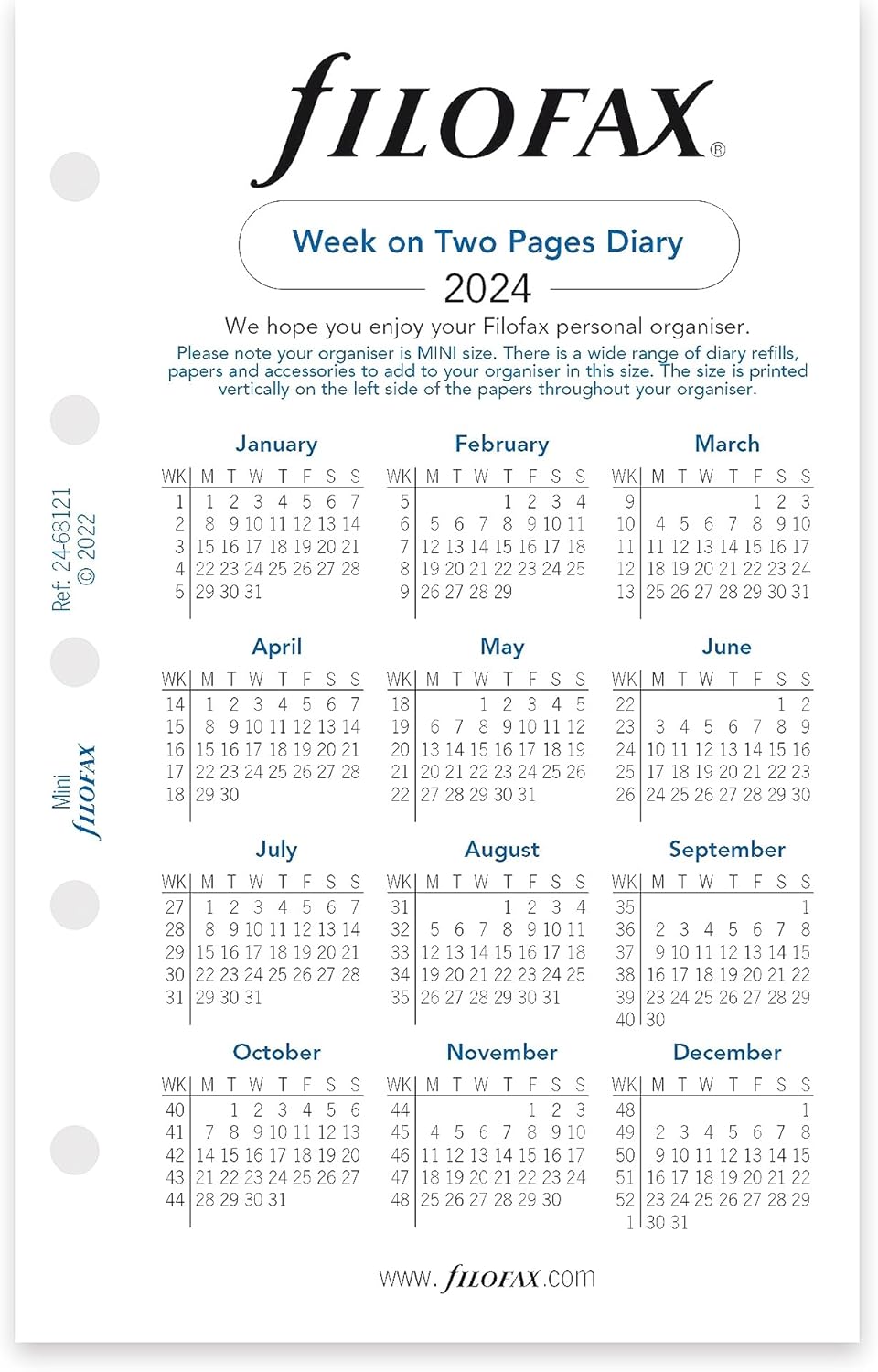 Filofax Recambio de diario para calendario, tamaño mini, sección de notas de semana a vista, papel blanco, sin rayas, inglés, 2024 (C68121-24)