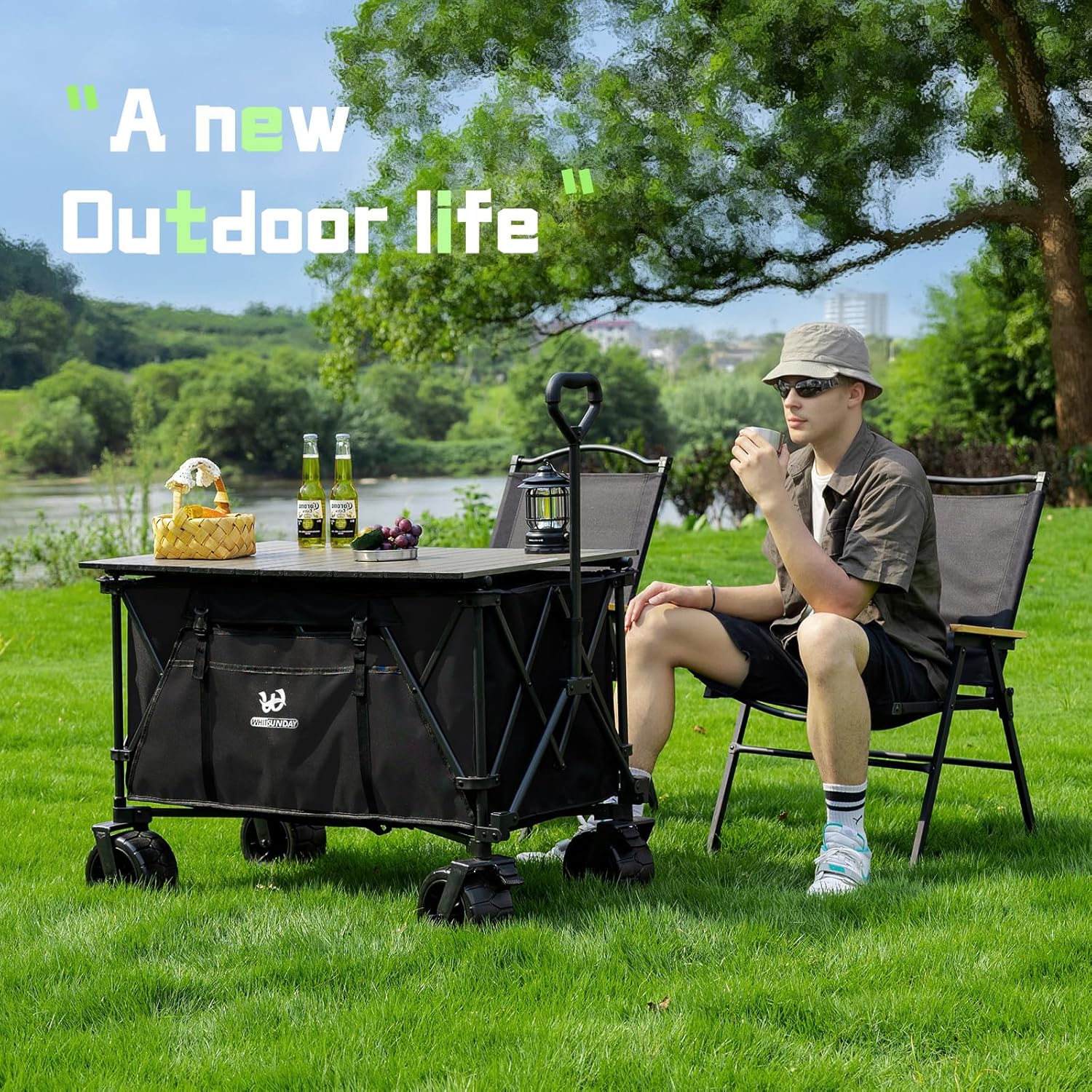Whitsunday Plegable plegable resistente plegable utilitario camping parque Moko Wagon carro con placa de mesa de aluminio (verde-TB)