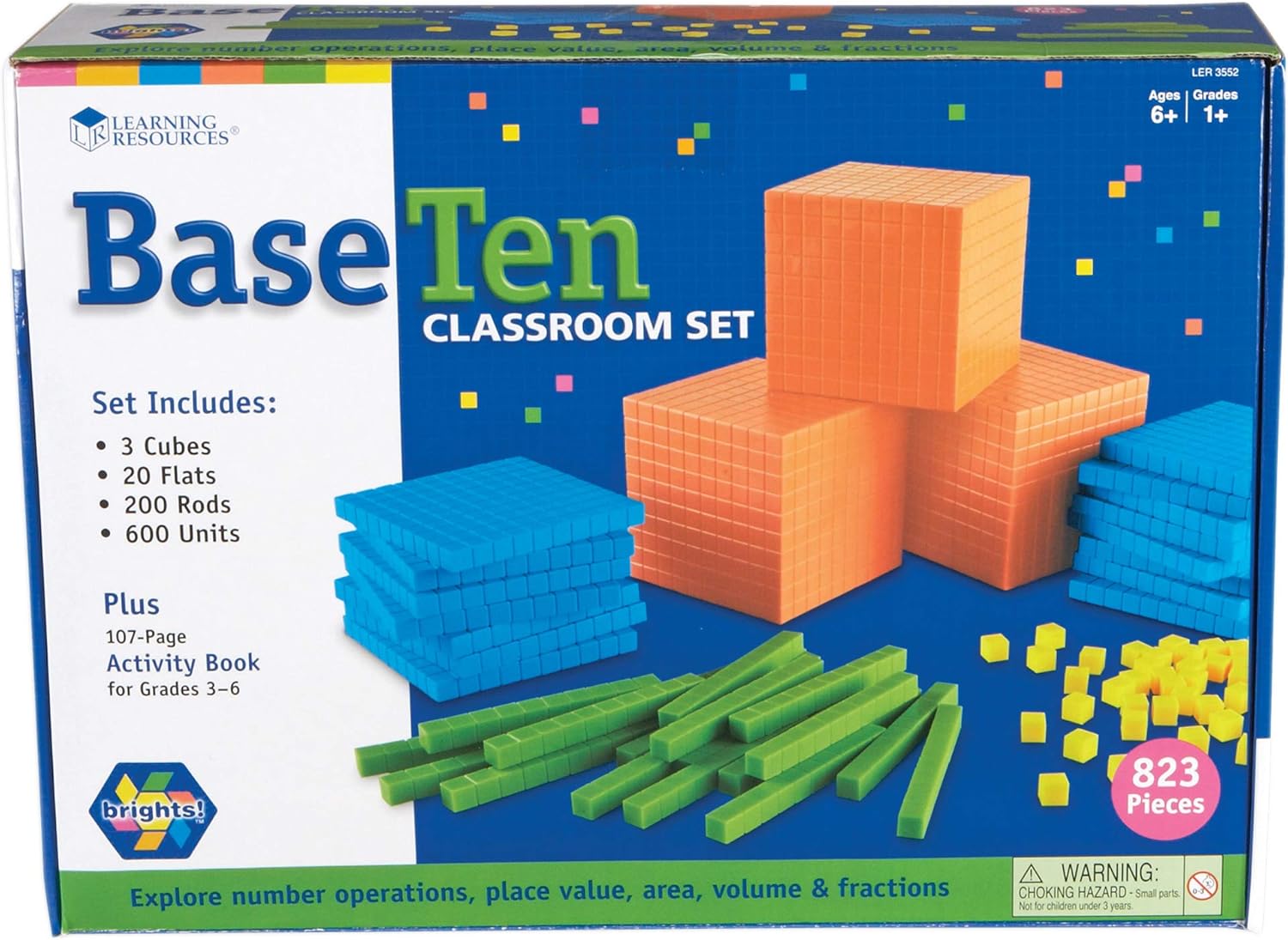 Learning Resources Brights Base Ten – Juego de aula para 20 a 25 estudiantes, 823 piezas, a partir de 6 años y cubos MathLink, juego de 100 cubos, a