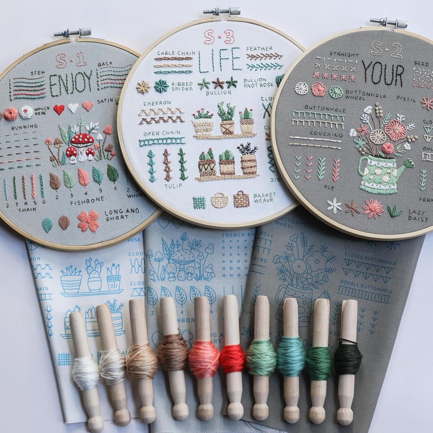 ETSPIL Kit de bordado de 3 juegos para principiantes, kits de plantas para adultos aprenden 33 puntadas diferentes, incluye patrón estampado,
