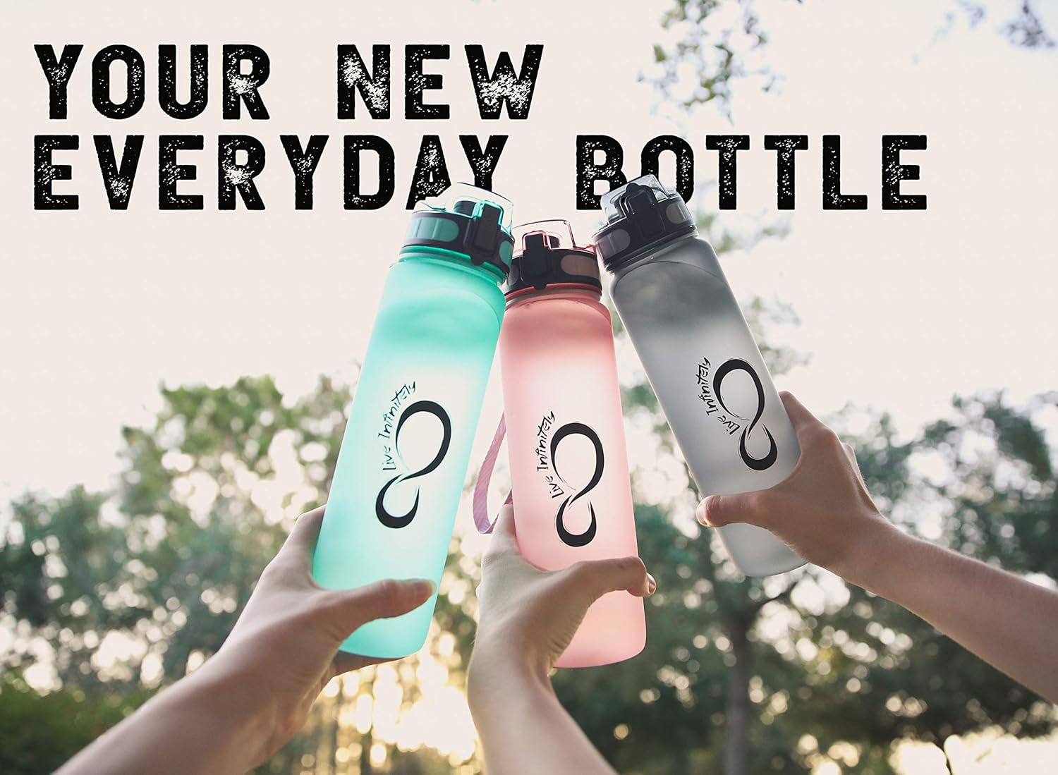 Live Infinitely – Botella de agua de 34 onzas sin BPA con marcador de tiempo, filtro de infusión de frutas y bola agitadora de mezcla, tapa con