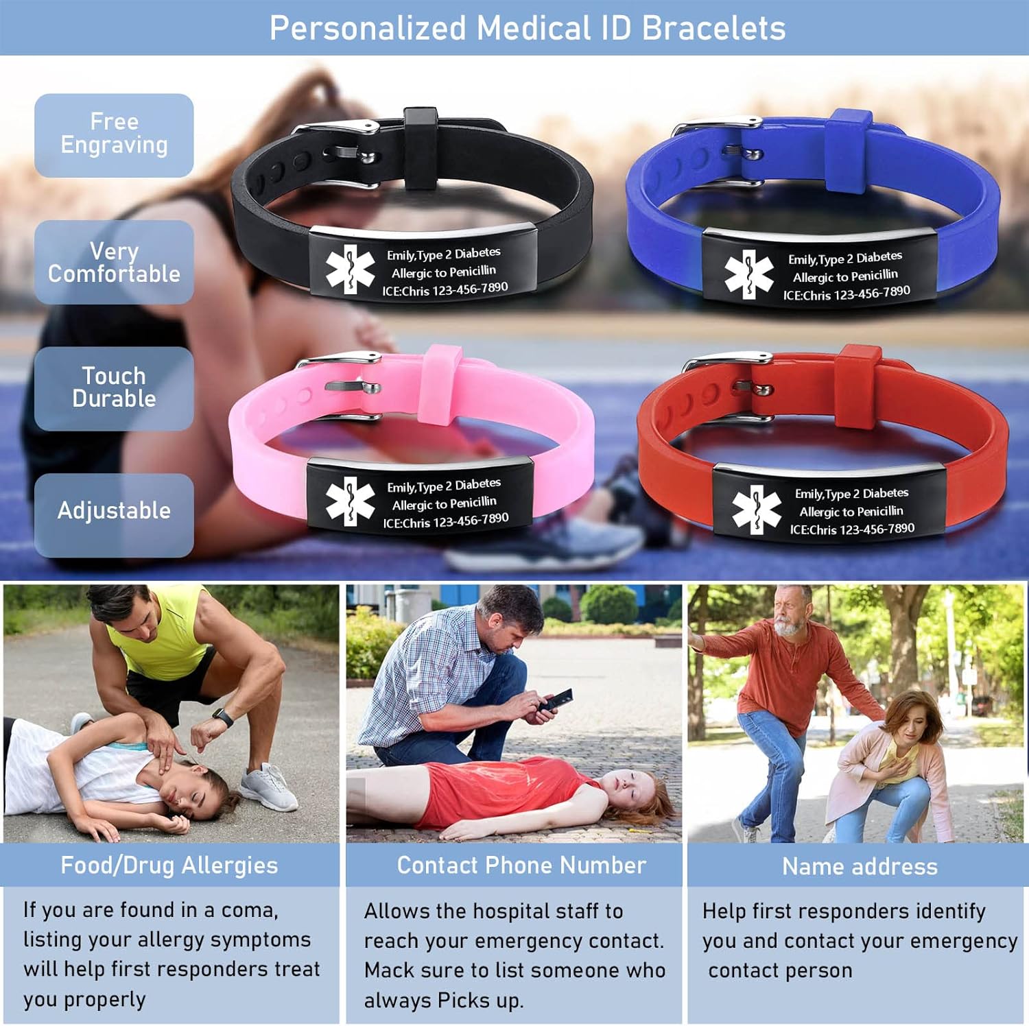 VNOX – Pulseras de identificación y alerta médica para hombres, mujeres y niños, con grabado, malla ajustable de acero inoxidable, para emergencias