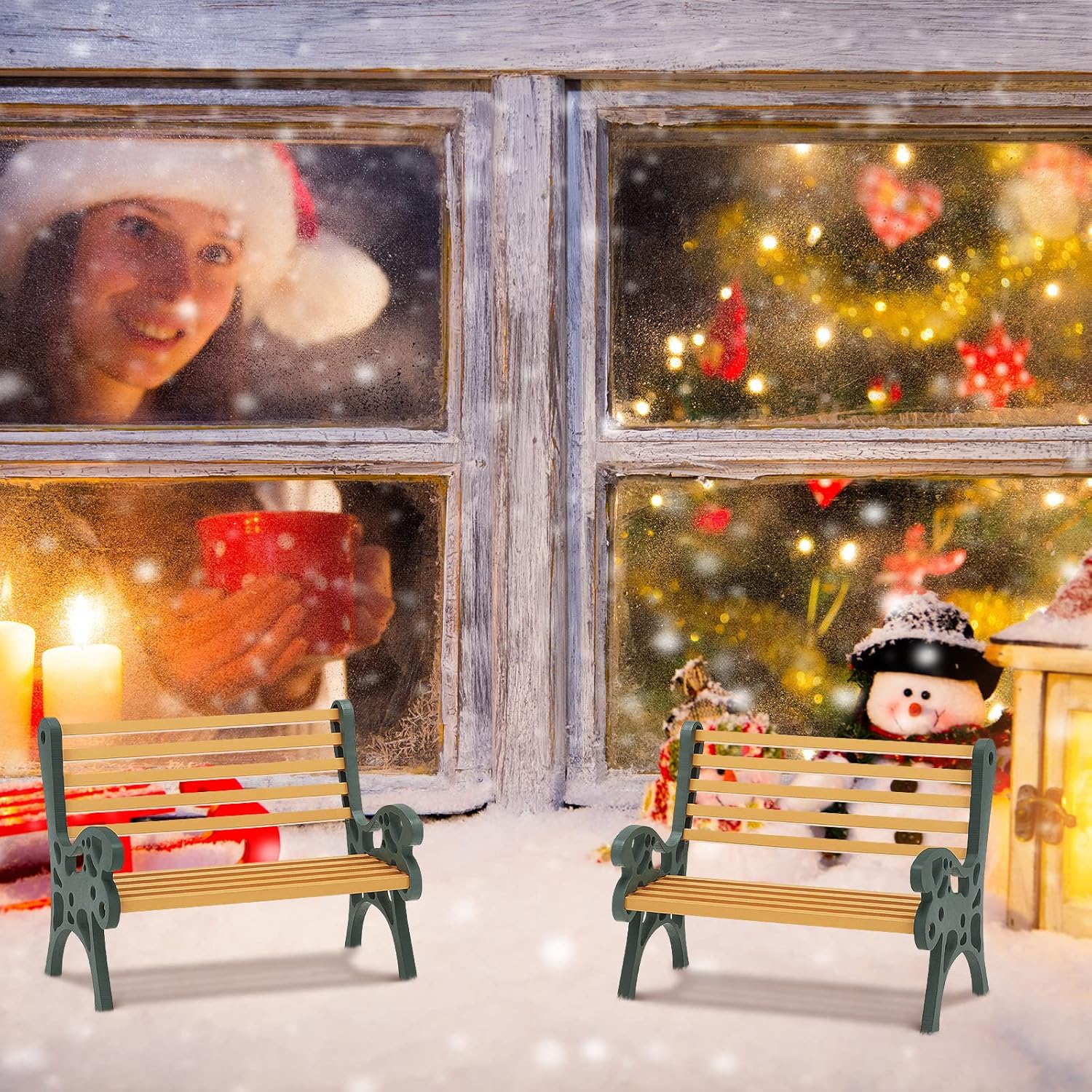 Banco de pueblo navideño en miniatura, 3 piezas, accesorios de aldeas navideñas, banco de casa de muñecas de Navidad, figuras coleccionables,