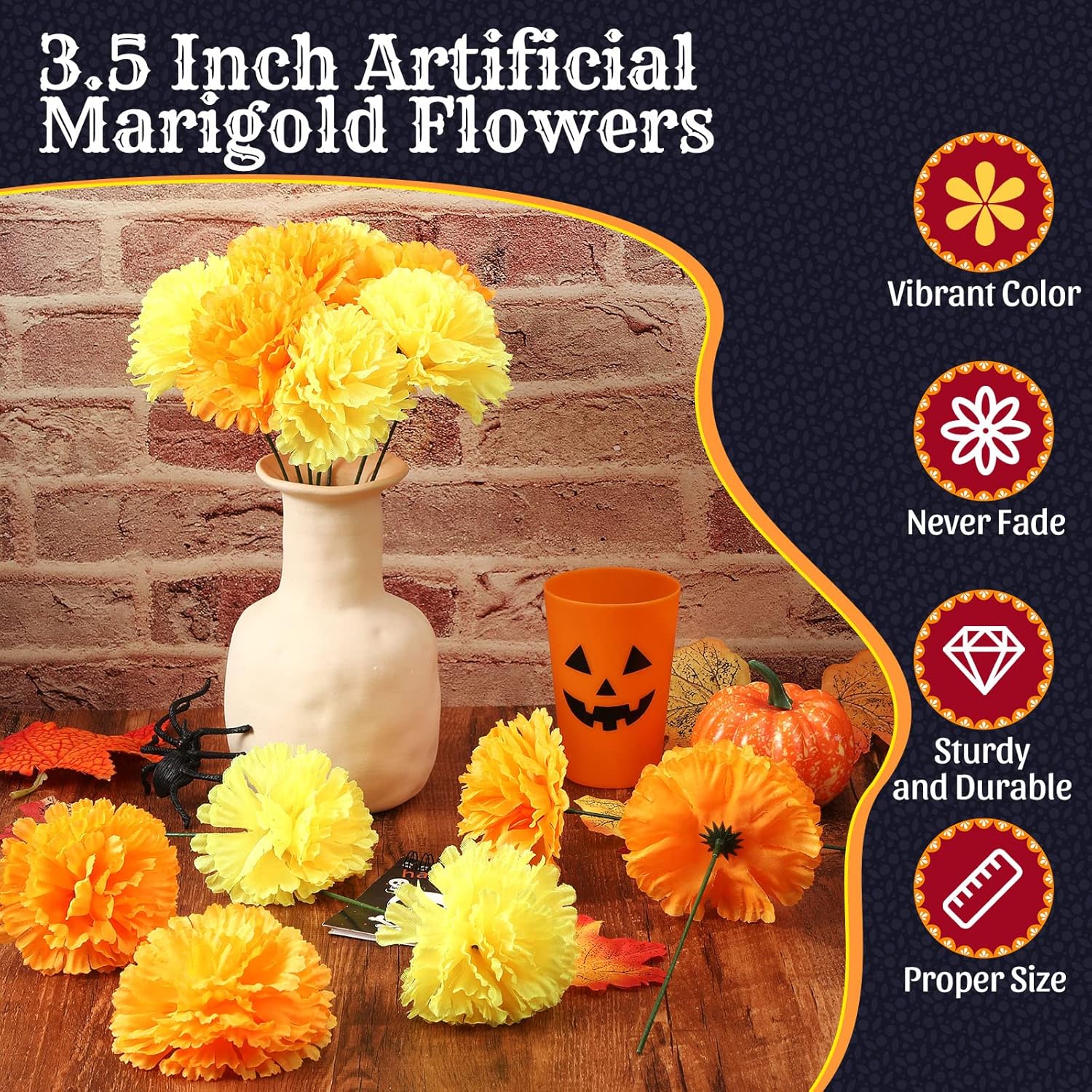 100 flores artificiales de caléndula con tallos de 3.5 pulgadas, flor falsa de caléndula de seda para fiesta de Halloween, decoración de altar para