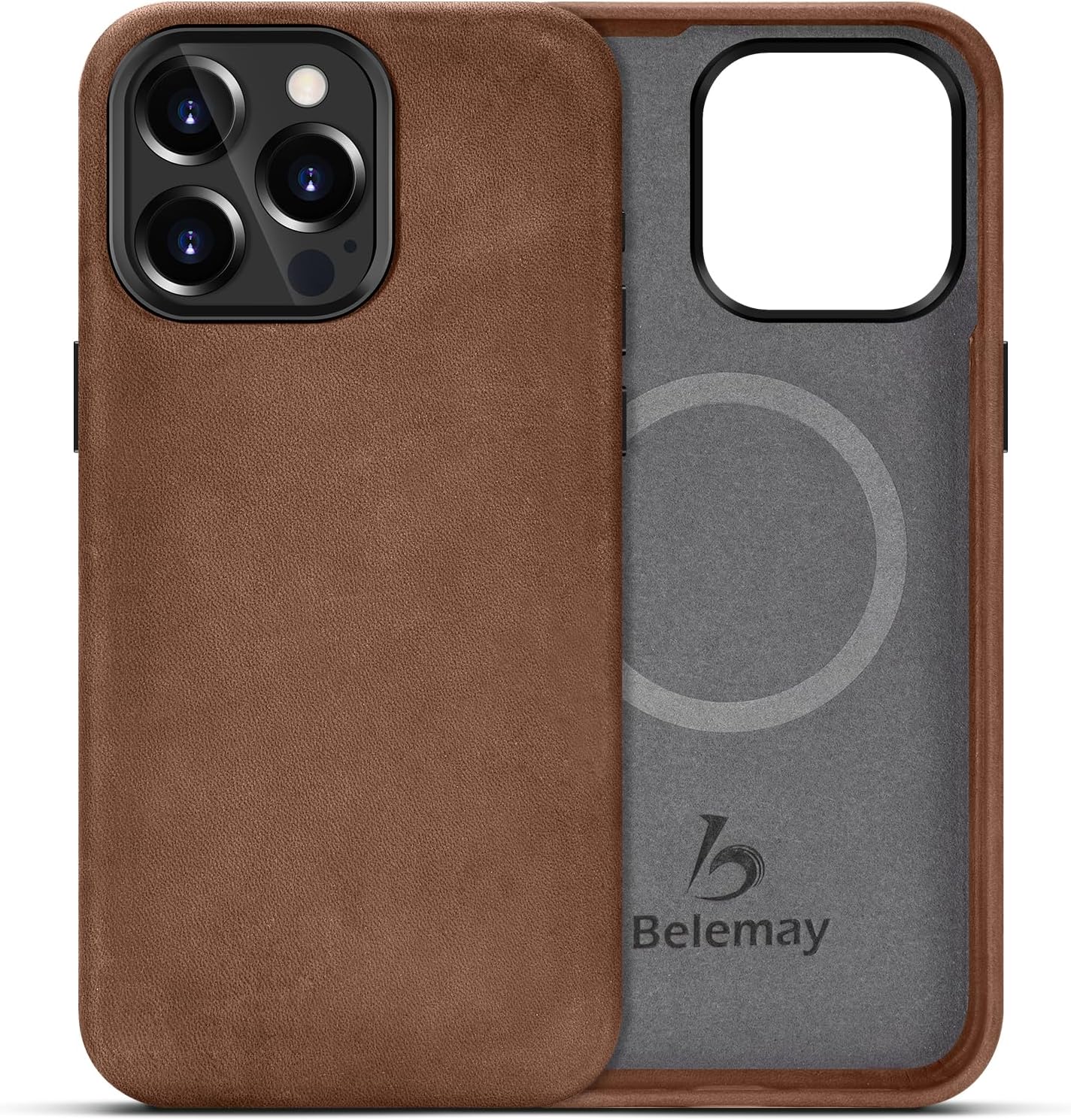 Belemay Magsafe – Funda de piel compatible con iPhone 15 Pro, piel de caballo loco vintage de grano superior, botones de metal y bisel de la cámara,