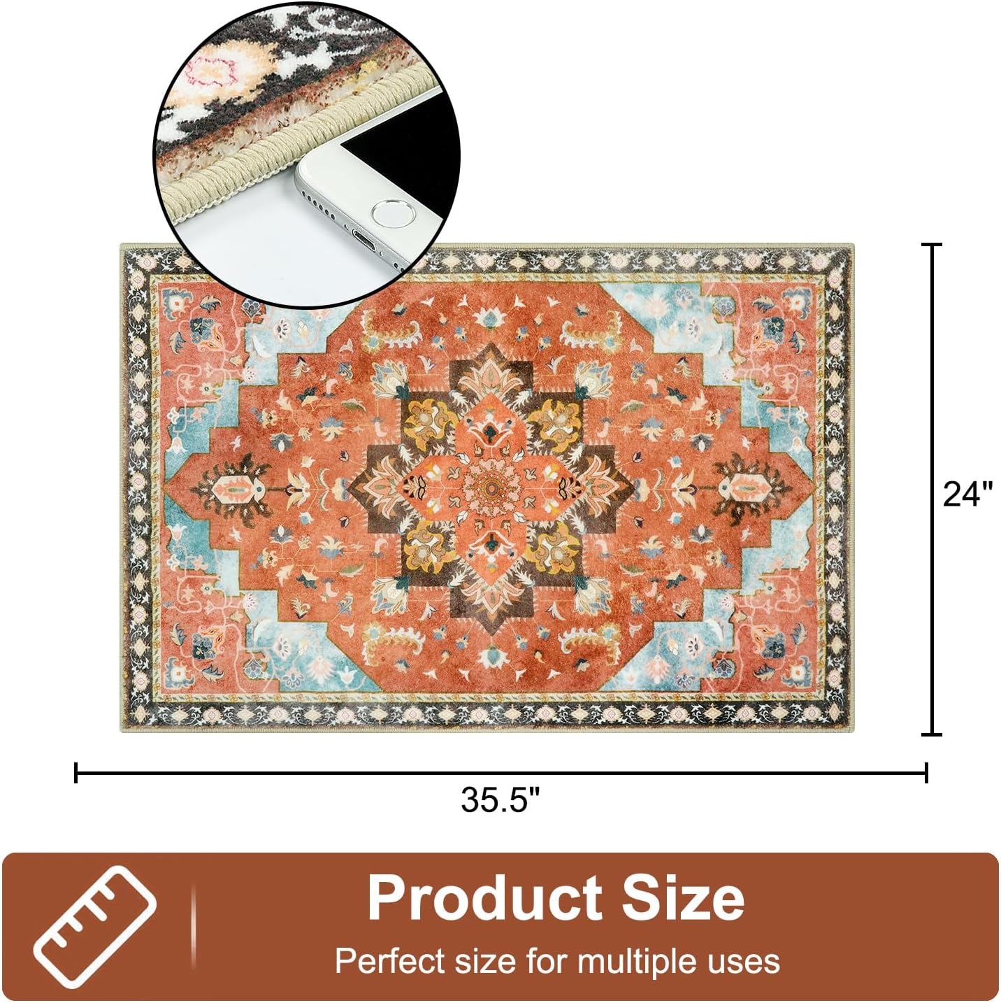 Seavish Alfombras de baño bohemias lavables de 24 x 36 pulgadas, color naranja, oriental, grande, de secado rápido, tapete retro para puerta