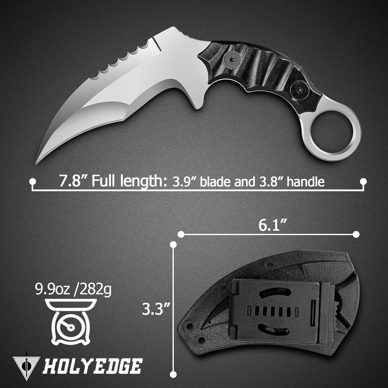 HOLYEDGE Cuchillos de hoja fija de acero D2 semidentados, cuchillo táctico de supervivencia con mango G10 y funda Kydex, herramientas de caza para