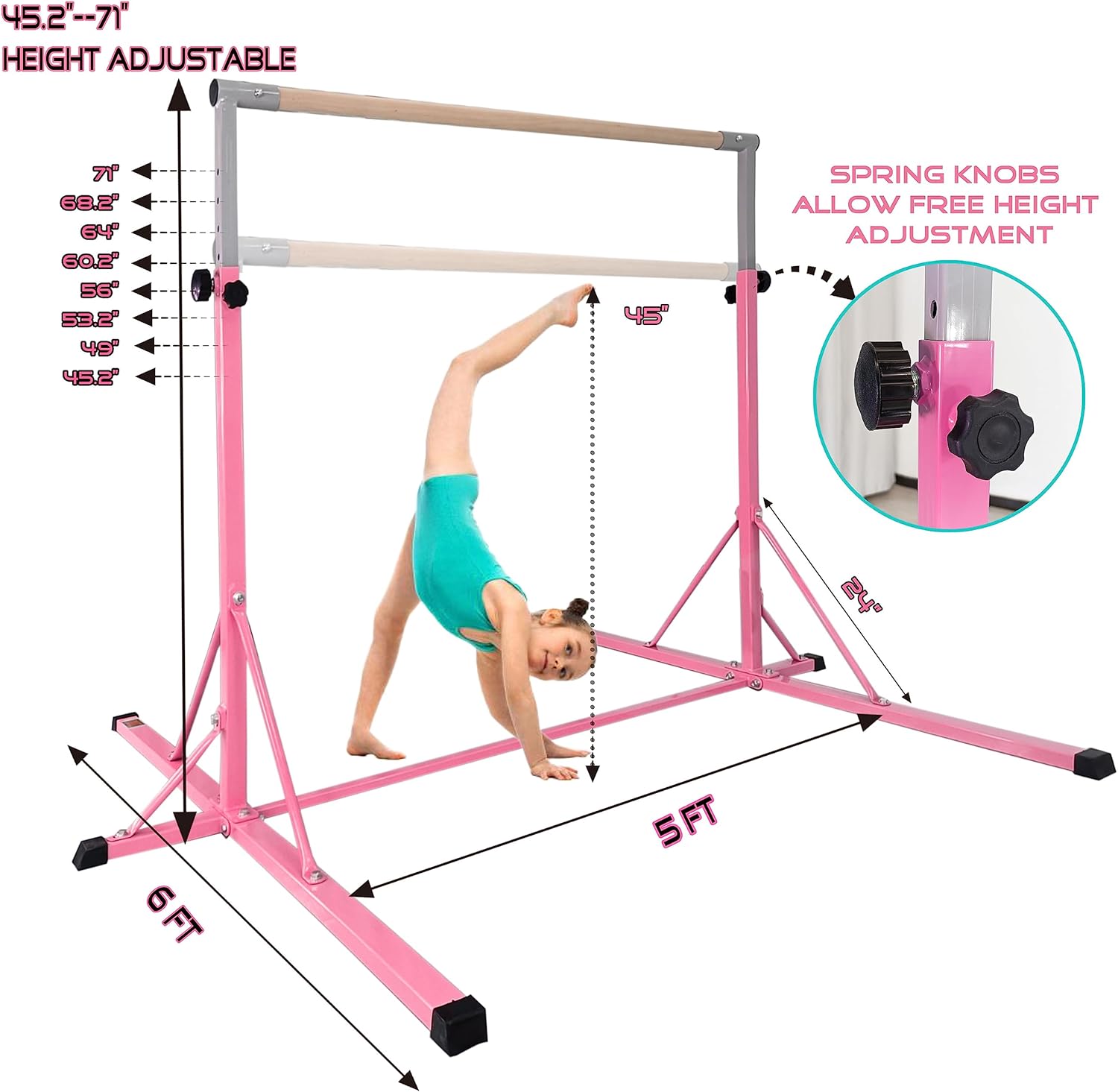 Barra de gimnasia para niños de 5 a 20 años, altura de la barra de entrenamiento de gimnasia de 35.4 a 59 pulgadas, 45 a 71 pulgadas, longitud de la