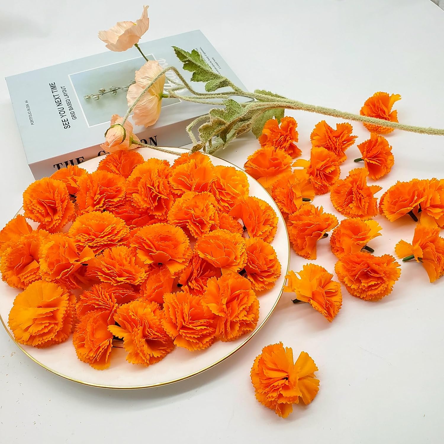 Cabezas de flores de caléndula a granel, 100 unidades, flores artificiales de seda para bricolaje para Diwali, festival indio, guirnalda de