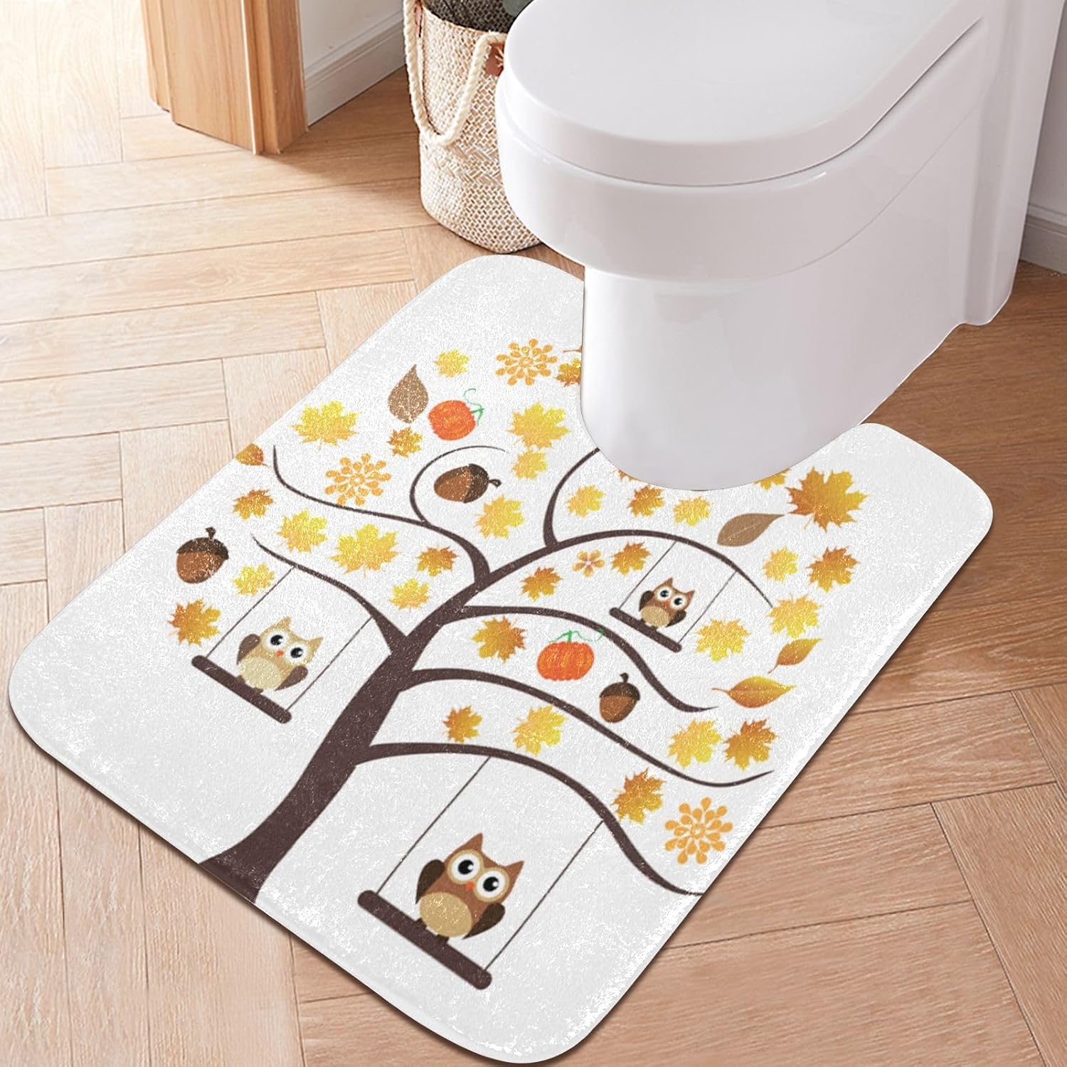 Bathroom Rugs Sets 2 Piece 24×16+24×20 Inch,Soft U-Shaped Contour Toilet Rug Fall Owl Pumpkins Non-Slip Absorbent Bath Floor Mat Carpet Set Water