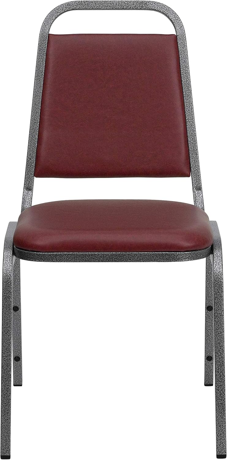 BizChair Paquete de 4 sillas de banquete apilables con respaldo trapezoidal en vinilo burdeos, asiento de 1.5 pulgadas de grosor