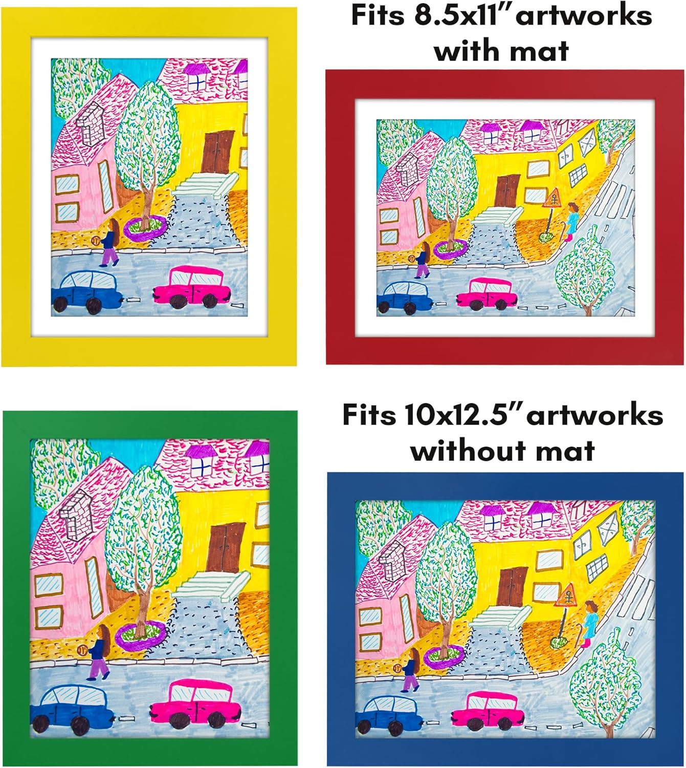 Americanflat Marco de arte infantil de carga frontal multicolor  Marco de 8.5 x 11 pulgadas con paspartú y 10 x 12.5 pulgadas sin paspartú  Marcos