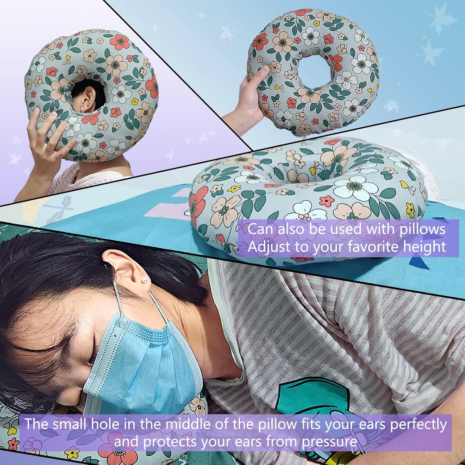 Zuobloe Piercing Pillow for Side Sleepers, Ear Pillows with Ear Hole for Ear Pain, cnh, O-Shaped Side Sleeping Ear Guard Pillow