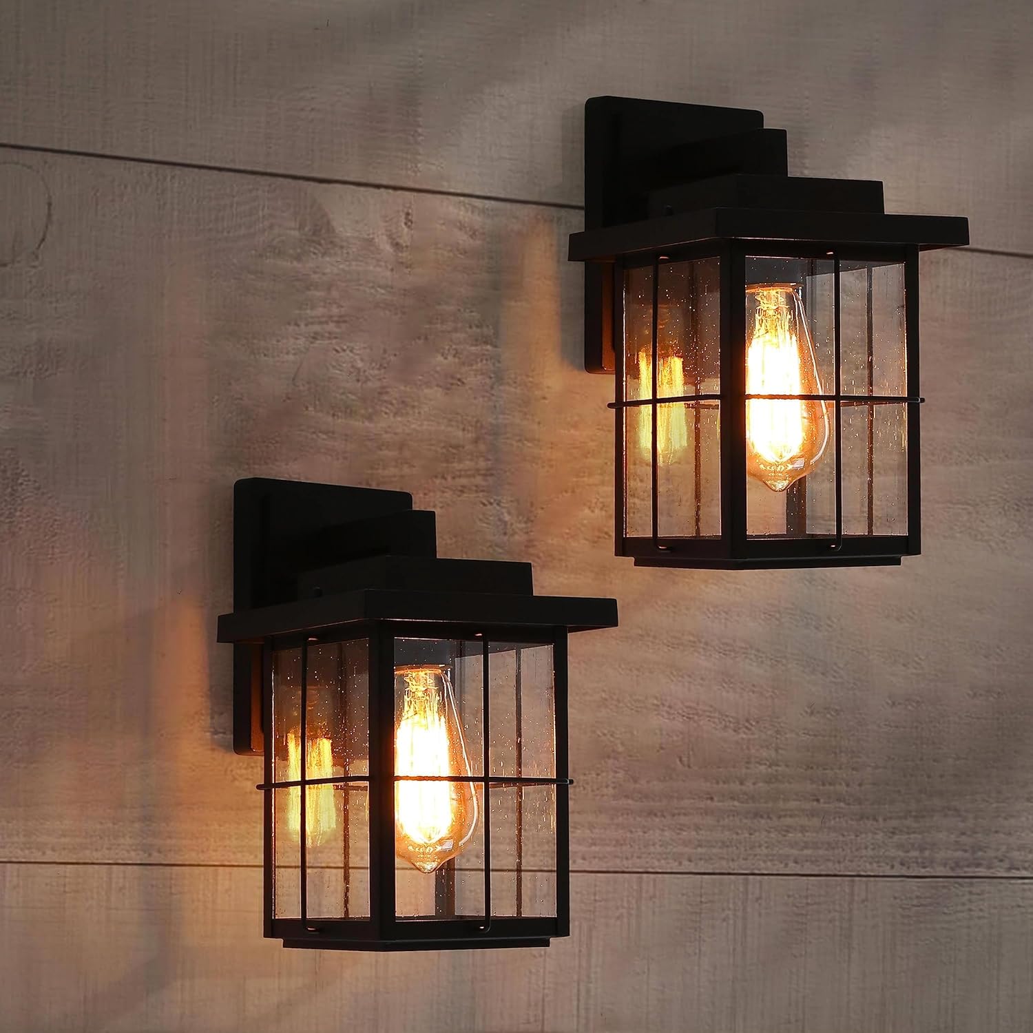 Paquete de 2 lámparas de pared negras para exteriores, apliques de pared exterior de granja con vidrio semillado, linternas modernas impermeables