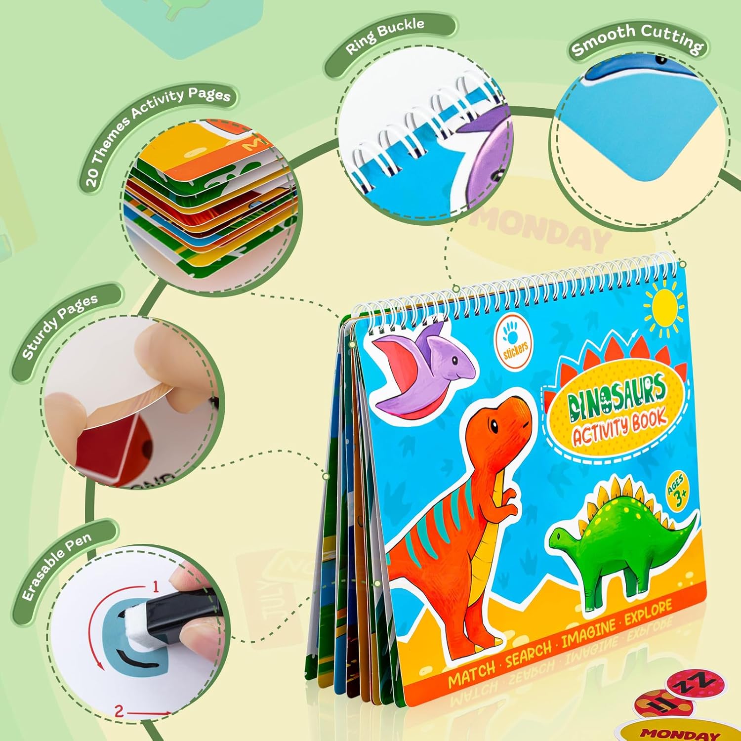 Libro de actividades Montessori de dinosaurio, juguetes sensoriales para niños con autismo, actividades de aprendizaje preescolar impermeables para