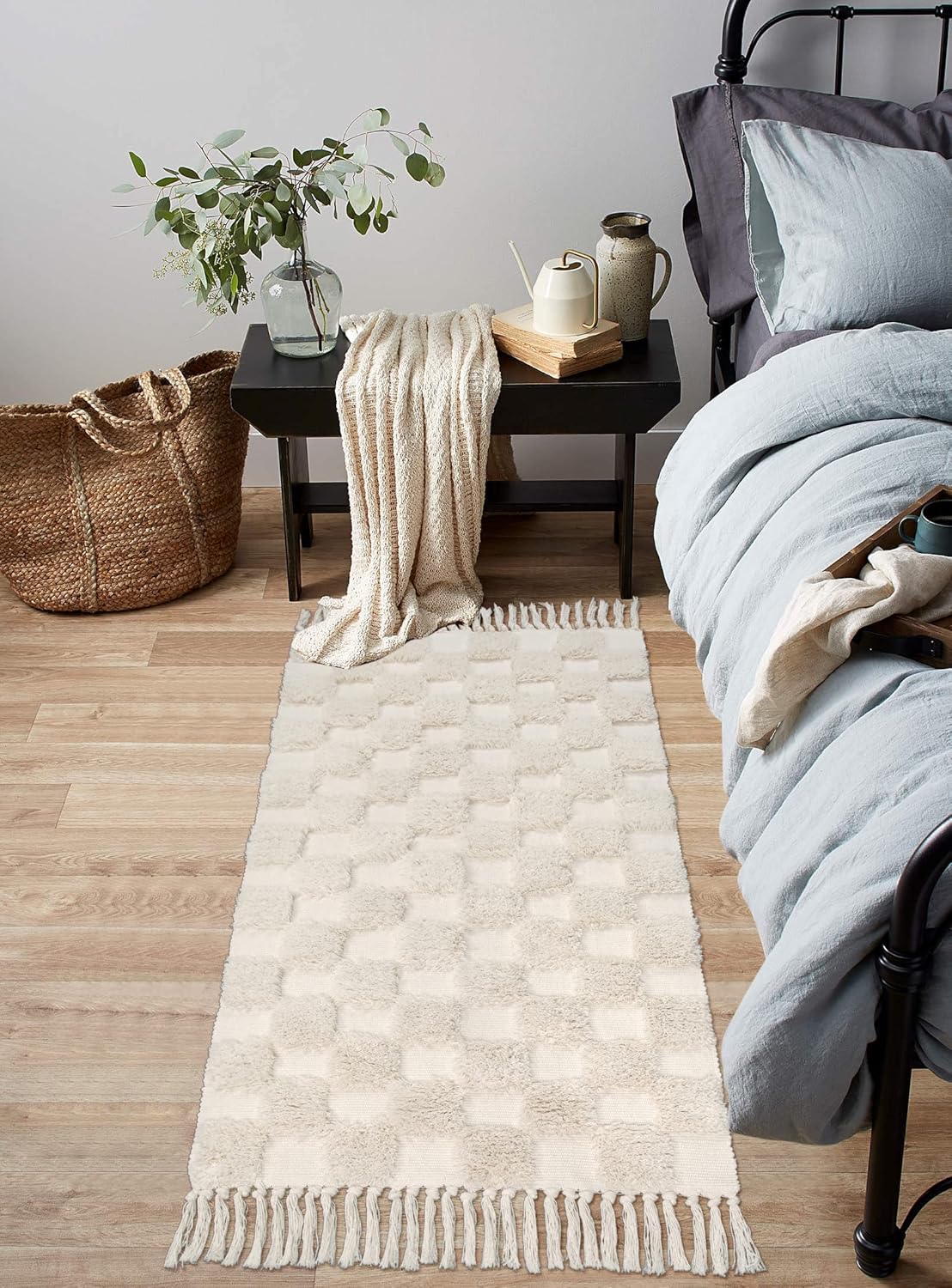 Lanffia Alfombra de pasillo estilo bohemio a cuadros de 2 x 4.3 pulgadas, color beige, lavable con borlas, alfombra de piso para interiores de