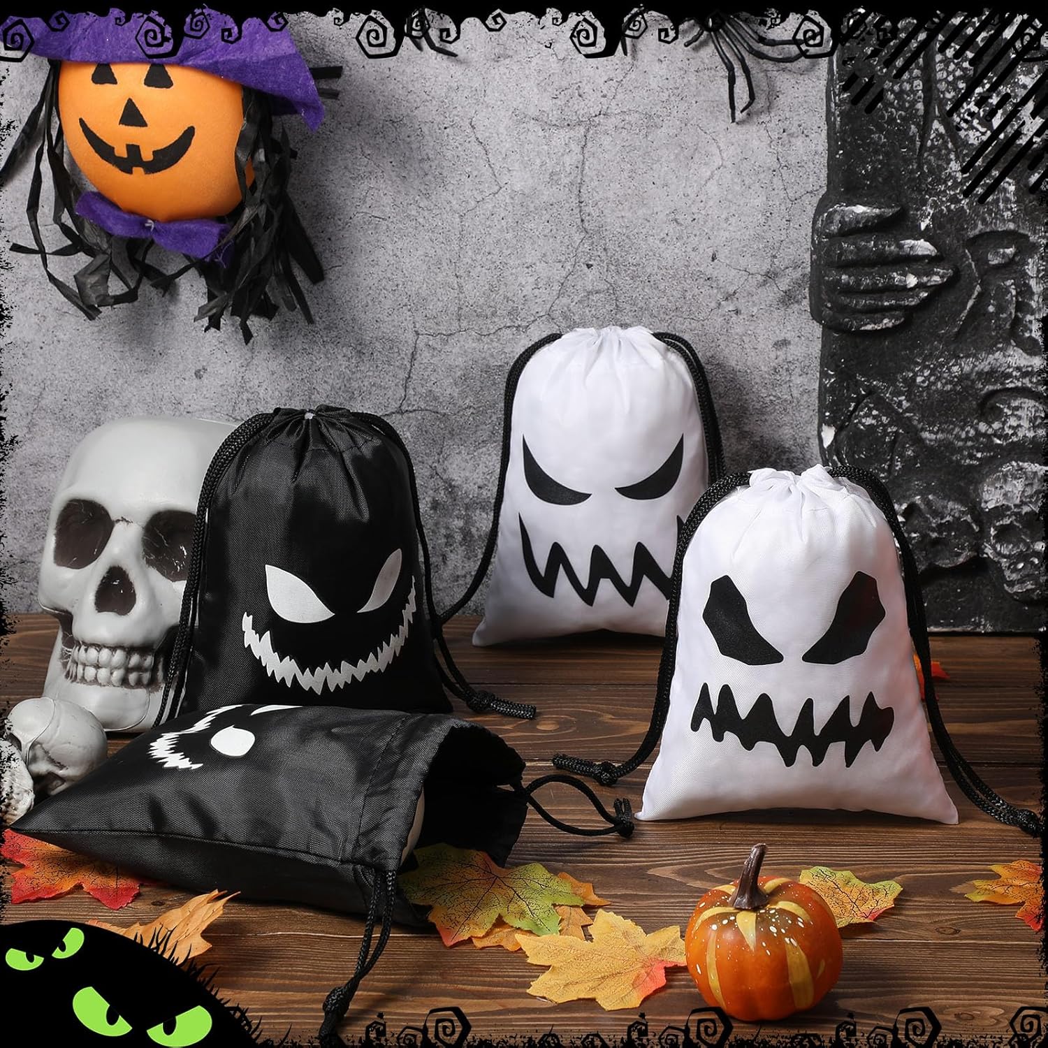 16 bolsas de recuerdo de Halloween, caras espeluznantes, pequeñas con cordón, bolsa de regalo para aula, Halloween, fiesta de cumpleaños (7 x 10