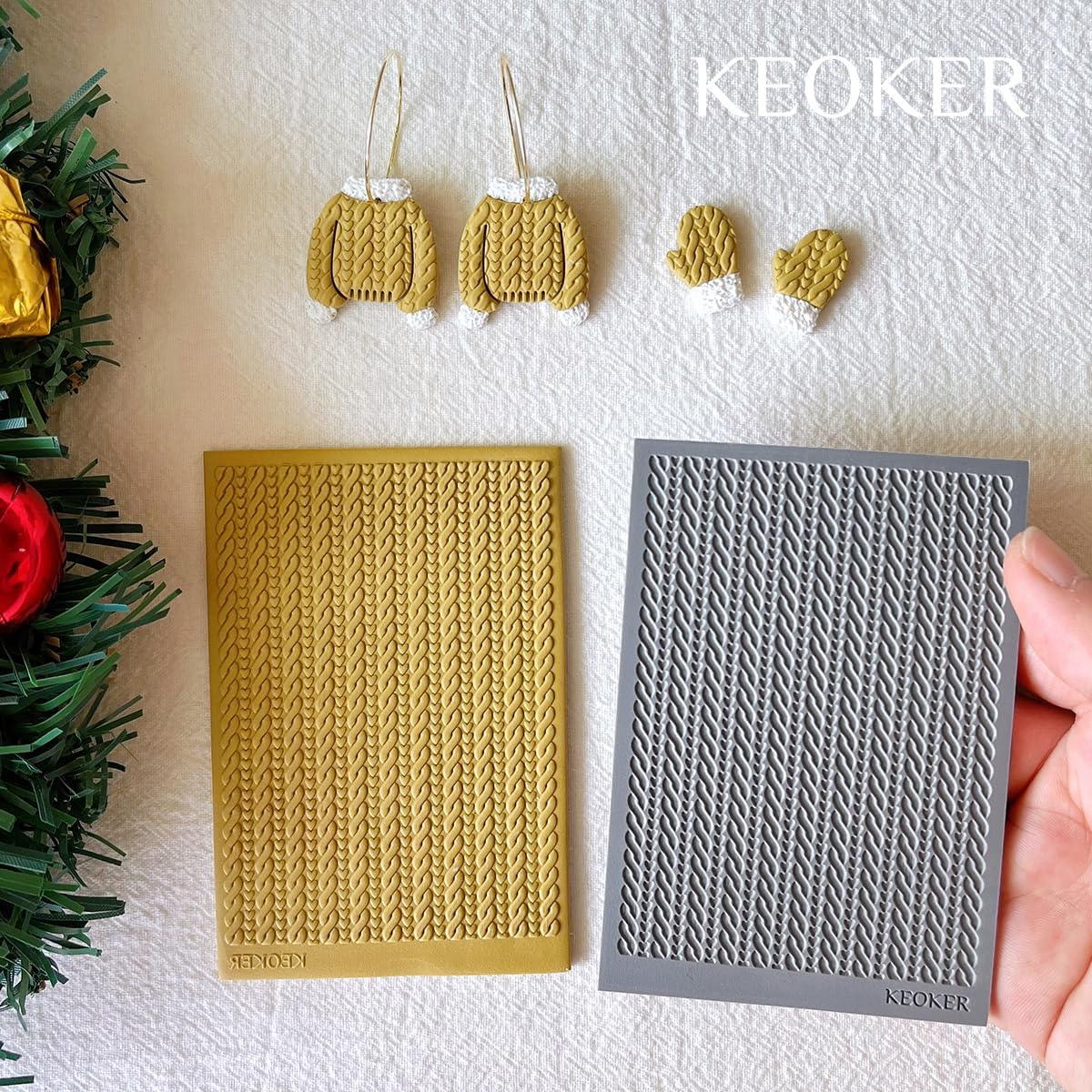 Keoker Hoja de textura de arcilla polimérica para Navidad, tapete de textura de arcilla navideña para hacer aretes, joyas, herramientas de aretes de