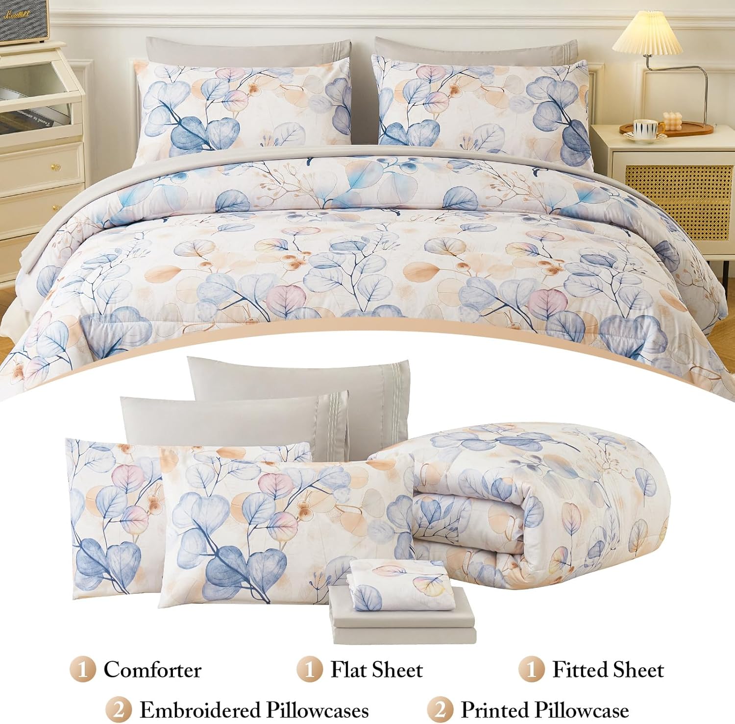 YIYEA Juego de edredón tamaño King  Estampado floral  7 piezas de cama en una bolsa  Juegos de ropa de cama para todas las estaciones con edredón,