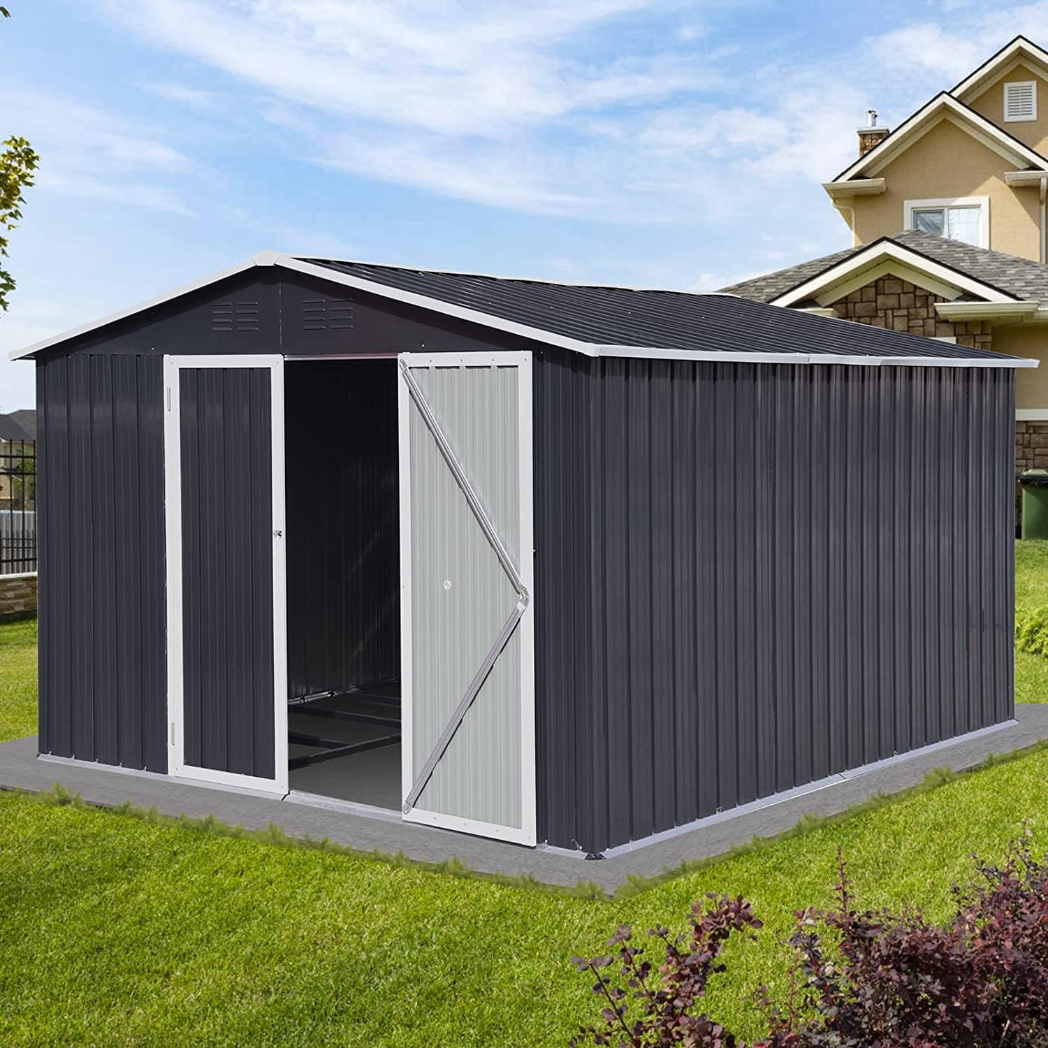 EMKK Cobertizo de almacenamiento para exteriores de 10 x 8 pies, kit de cobertizos de jardín de metal de acero galvanizado con puerta doble con