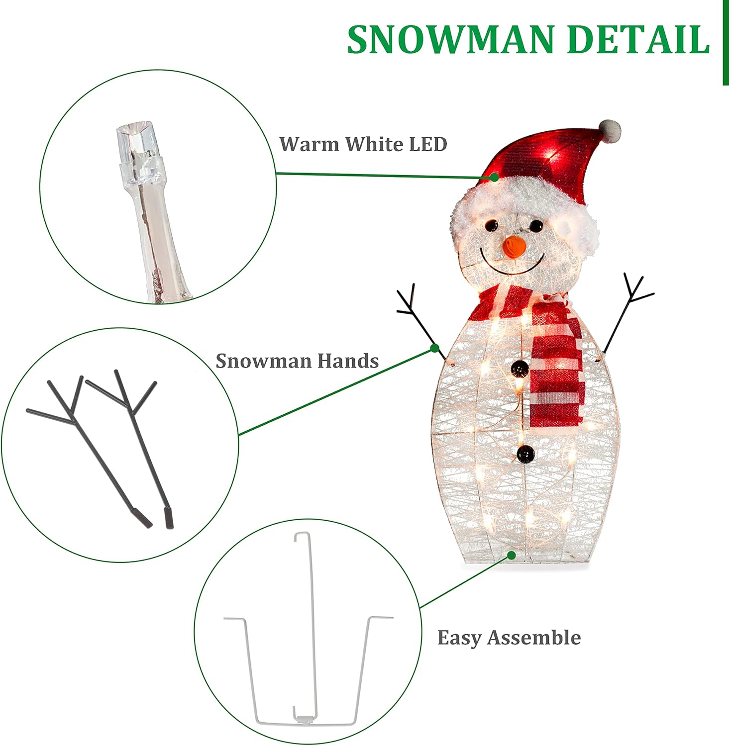 SUNNYPARK Juego de 3 decoraciones navideñas de muñeco de nieve para exteriores, 31 pulgadas, 60 luces preiluminadas para exteriores, decoraciones de