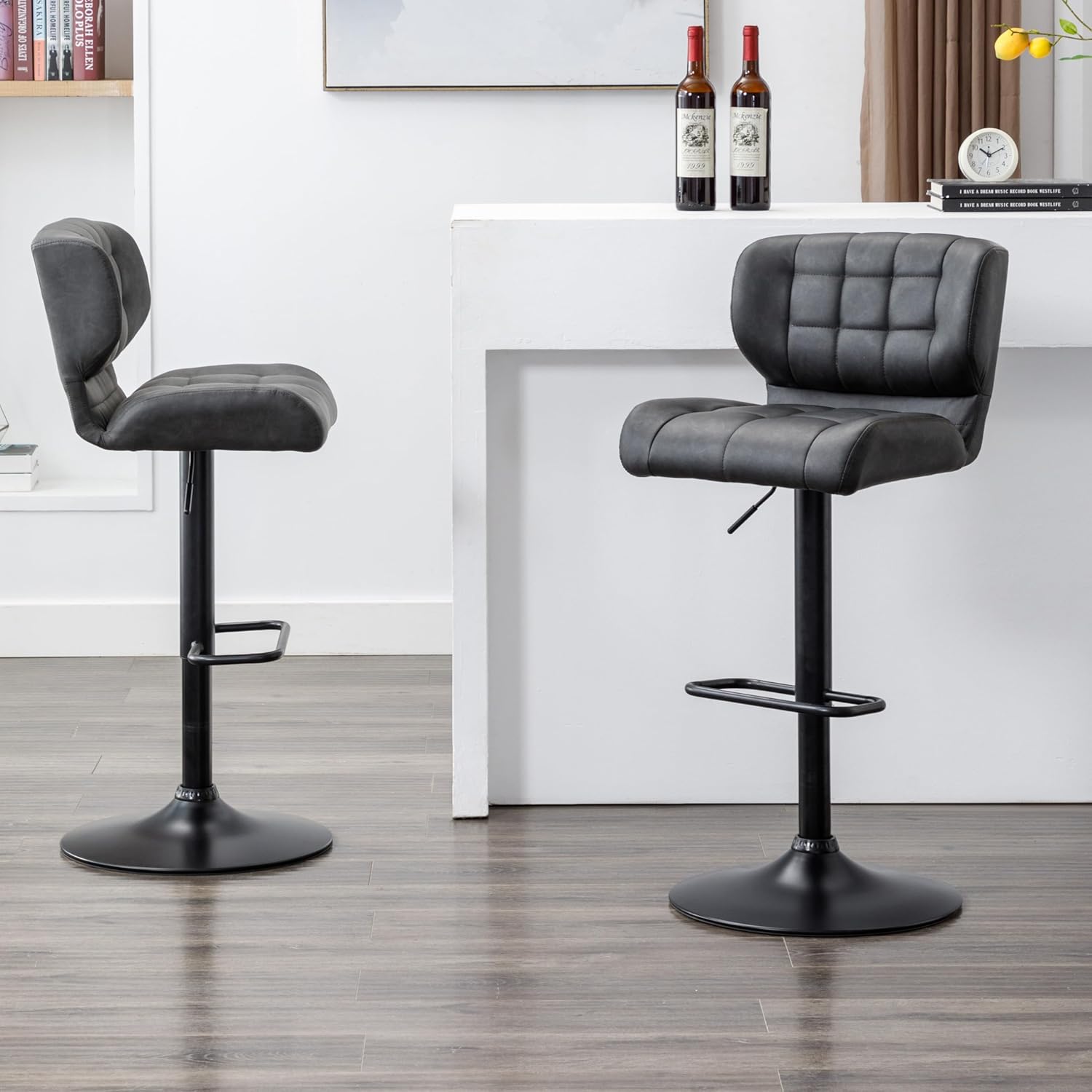 Urban Home Furniture Harvey Taburetes de bar ajustables con respaldo bajo, sillas de bar giratorias de piel sintética gris plomizo para cocinaisla,