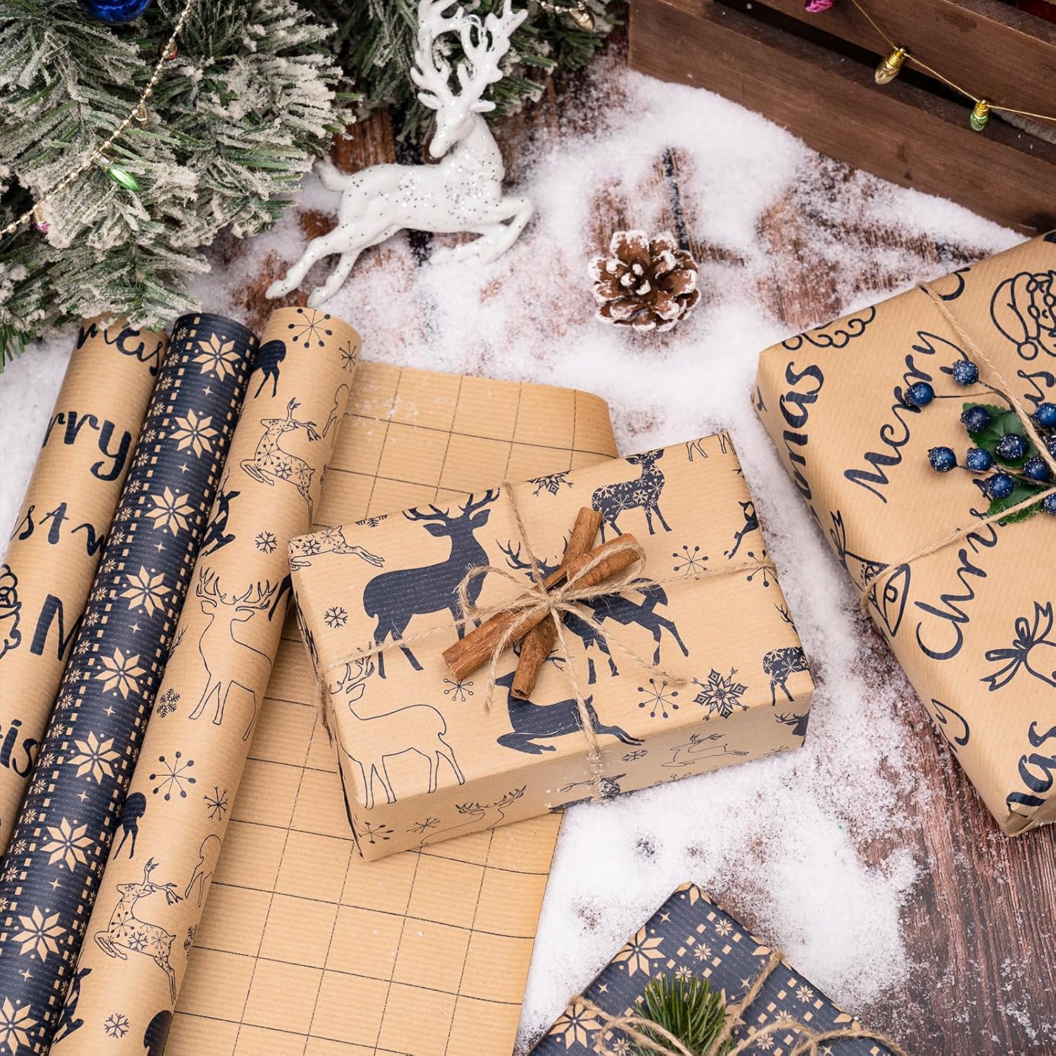 RUSPEPA Rollos de papel de regalo de Navidad  Mini rollo  17 pulgadas x 10 pies por rollo, total de 3 rollos  reno y copo de nieve