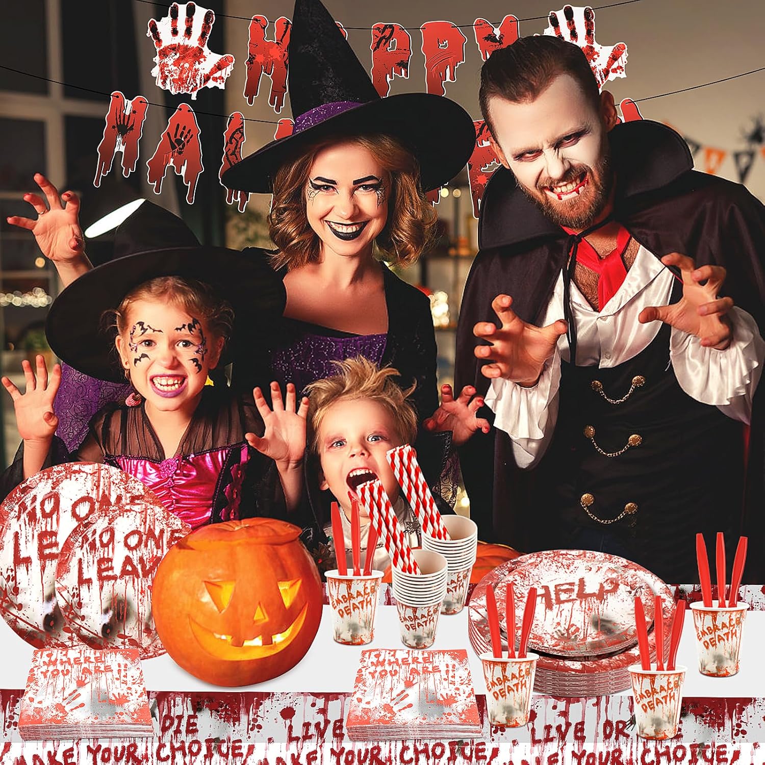 SelfTek Juego de vajilla de 177 piezas de suministros para fiesta de Halloween, decoraciones de fiesta de Halloween, vajilla desechable, platos de