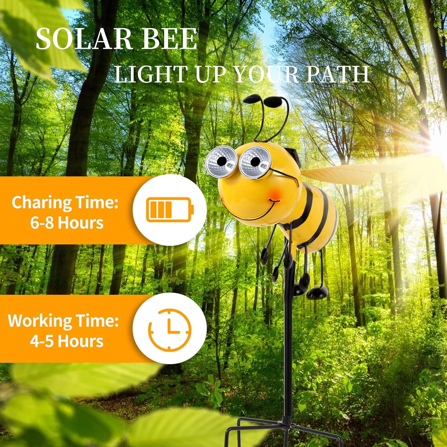 Canabear Abeja de metal con ojos de luz solar, decoración de jardín de abeja, estacas decorativas de jardín para jardín, césped, valla, patio