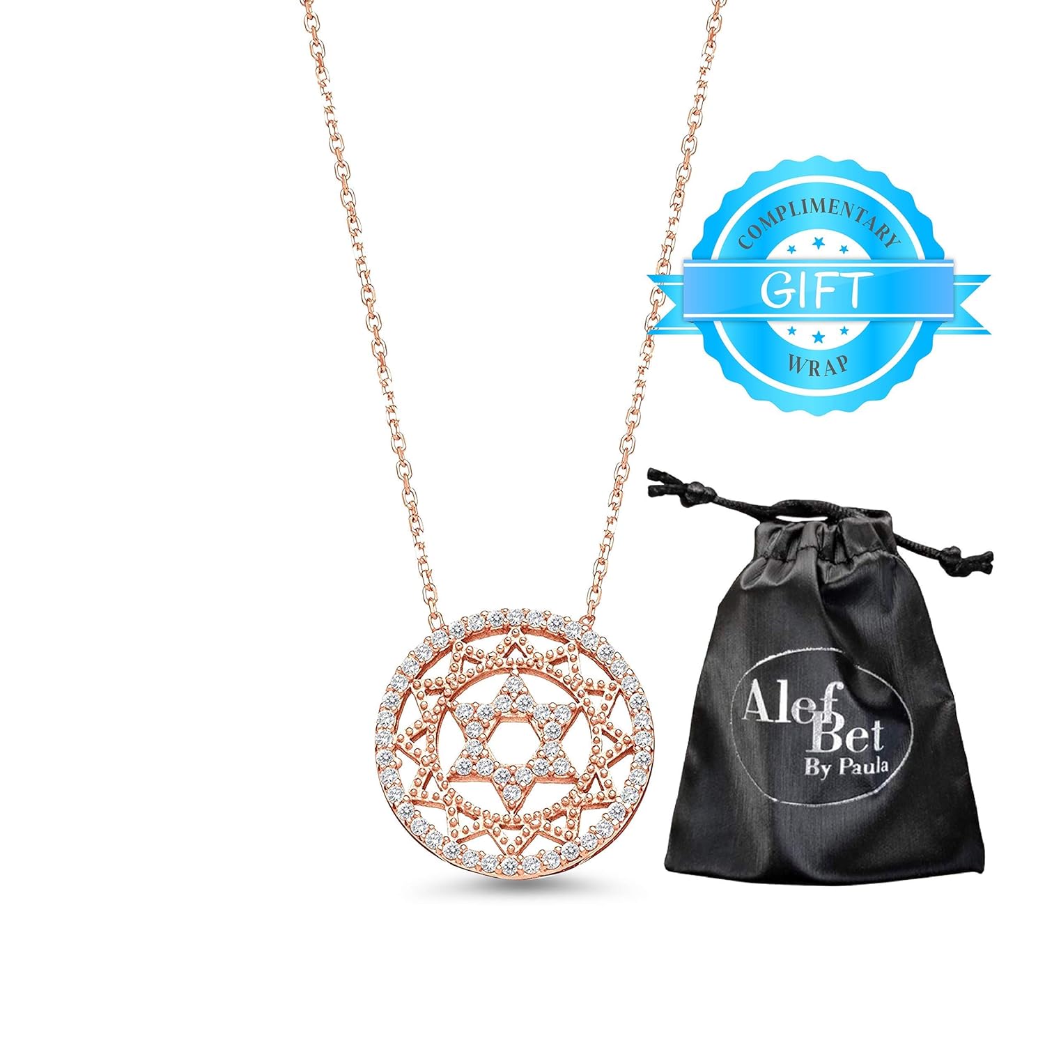 Jewish Star of David Necklace for Women and Girls with Sparkling Clear Cz Cubic Zirconia Stones in Rose Gold