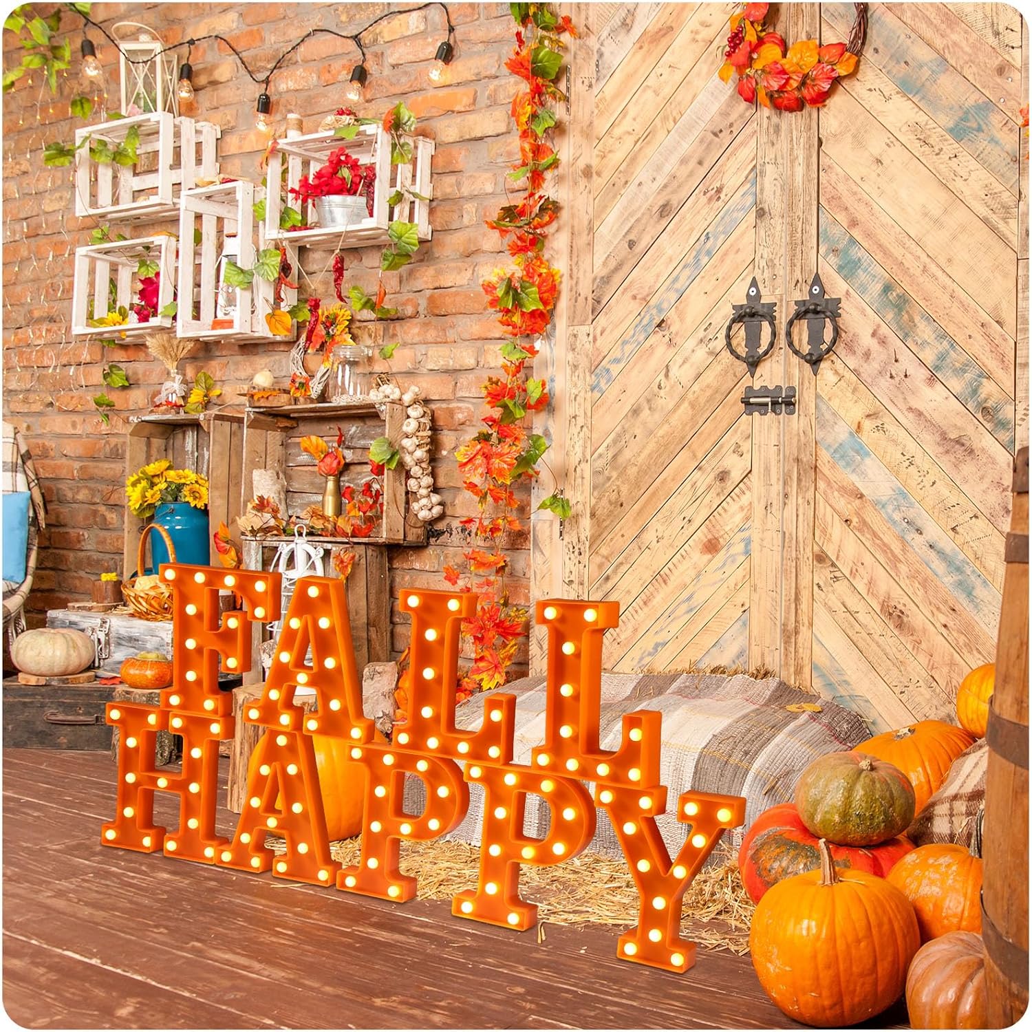 Fabbay 9 letras LED de marquesina con texto en inglés Happy Fall para decoración de otoño, letras iluminadas, letras LED de otoño, alfabeto para el