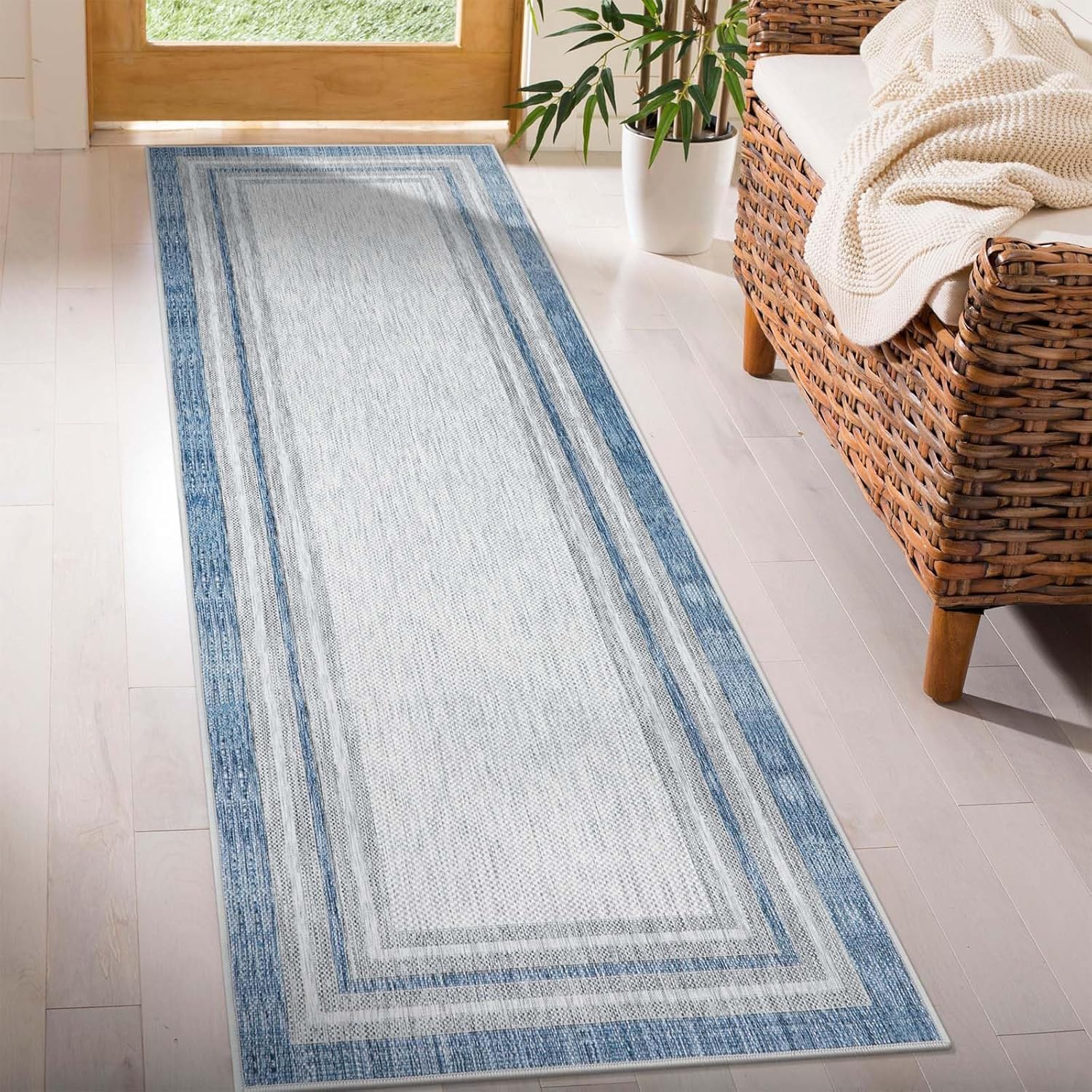 Alfombra de pasillo de 2 x 8 pulgadas, color azul, moderna, antideslizante, lavable, alfombra con respaldo de goma, alfombras largas para pasillo, 2
